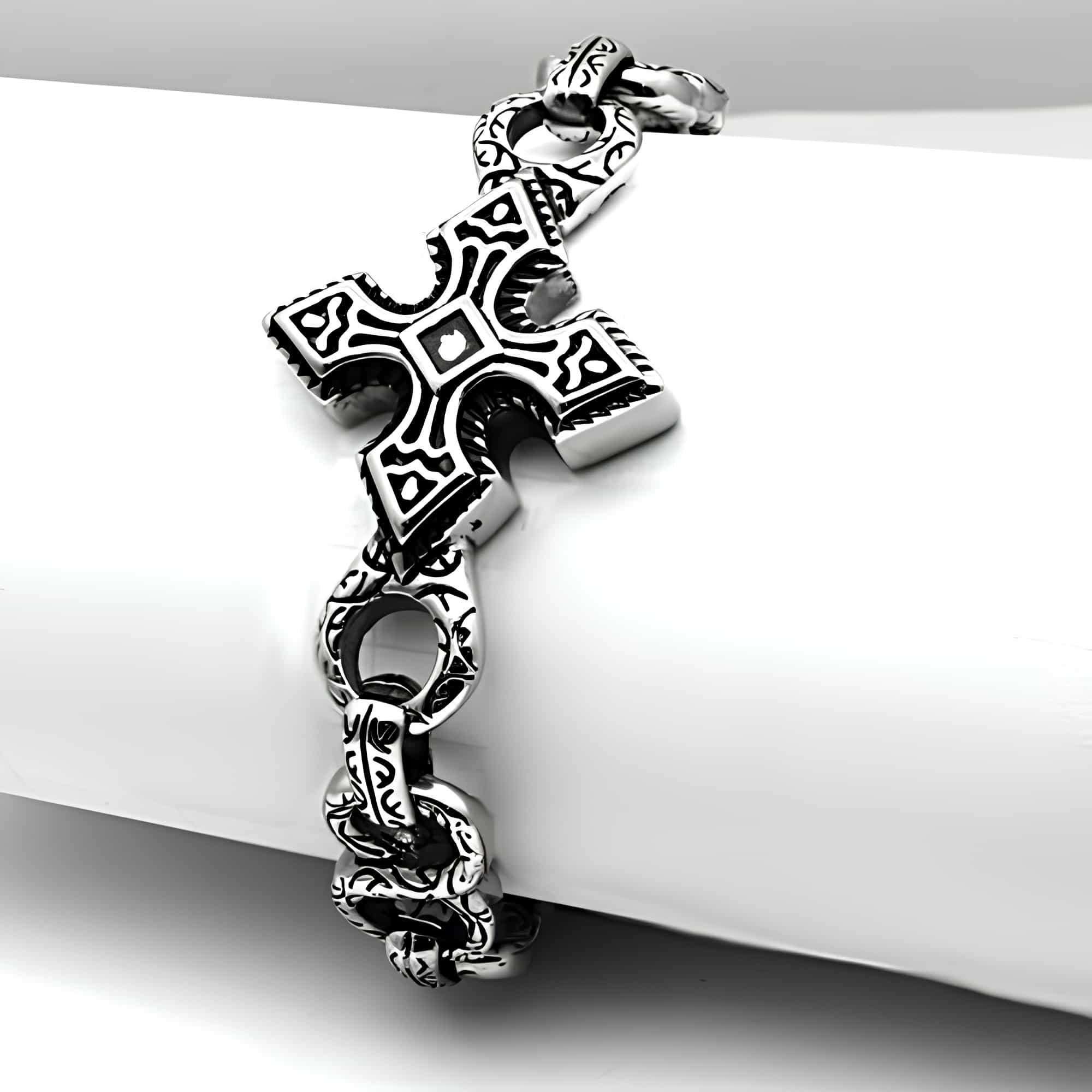 Stainless Steel Silver Celtic Cross Link Chain Mens Bracelet view 4
