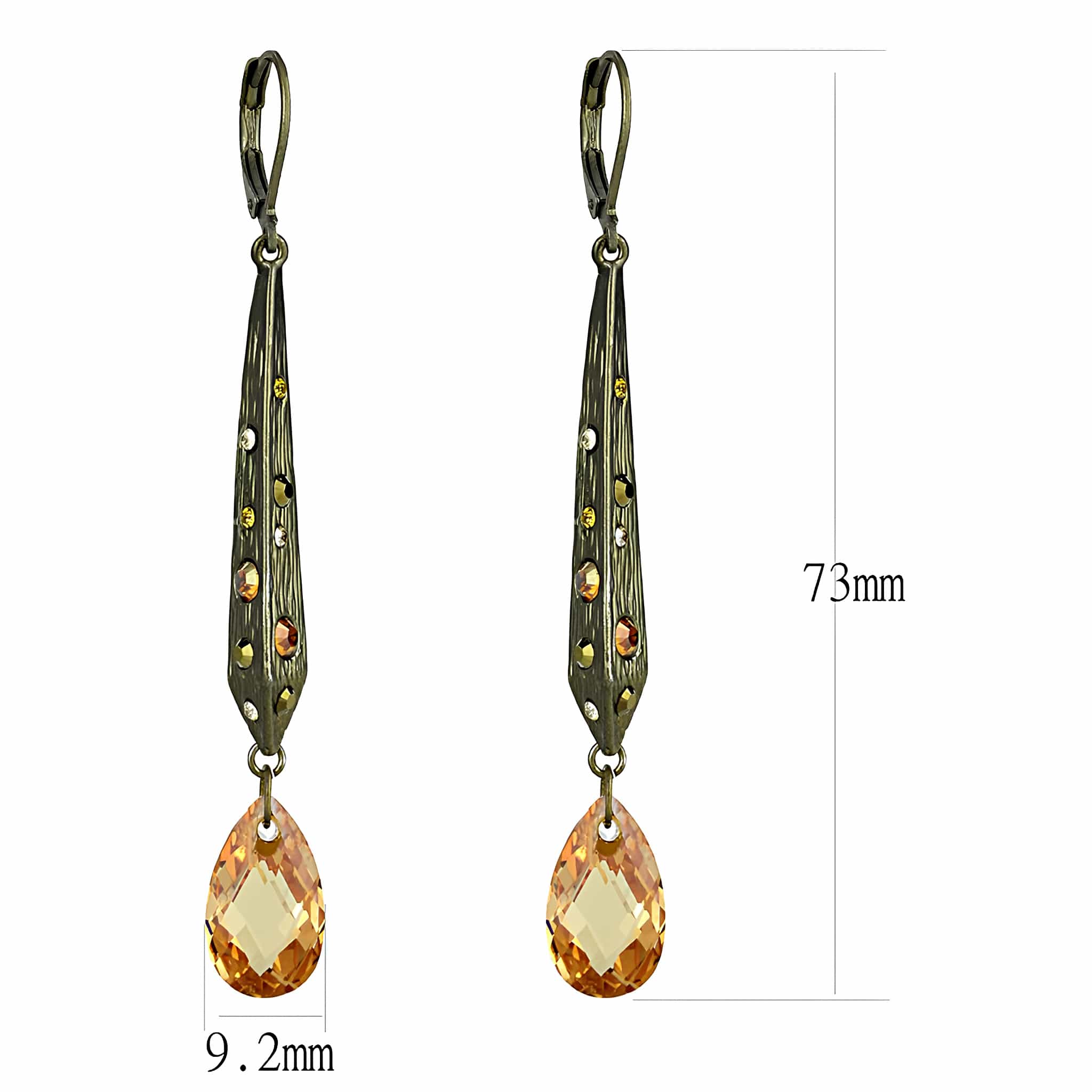 Brass Antique Gold Amber Crystal Elongated Drop Earrings view 2