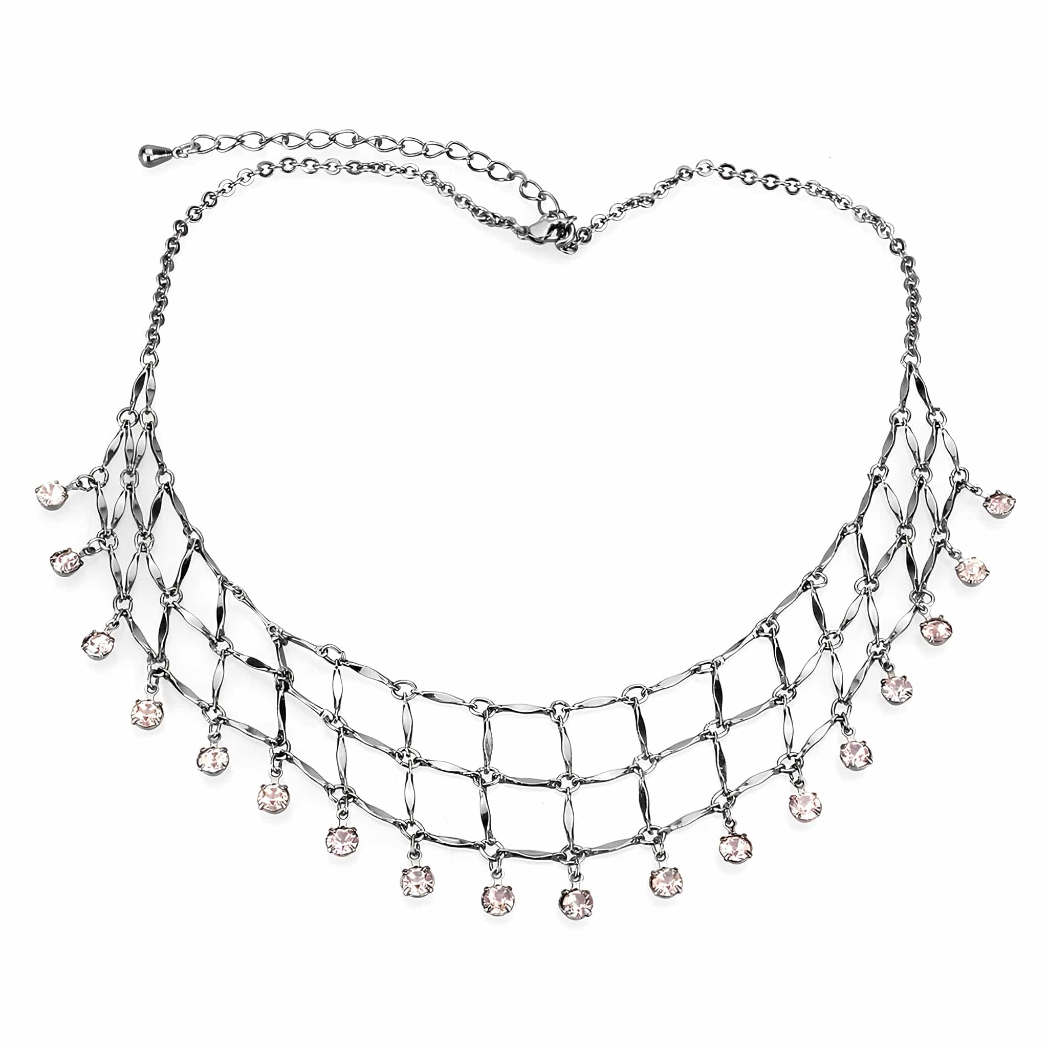 Silver Crystal Fringe Bib Choker Necklace Earrings view 1