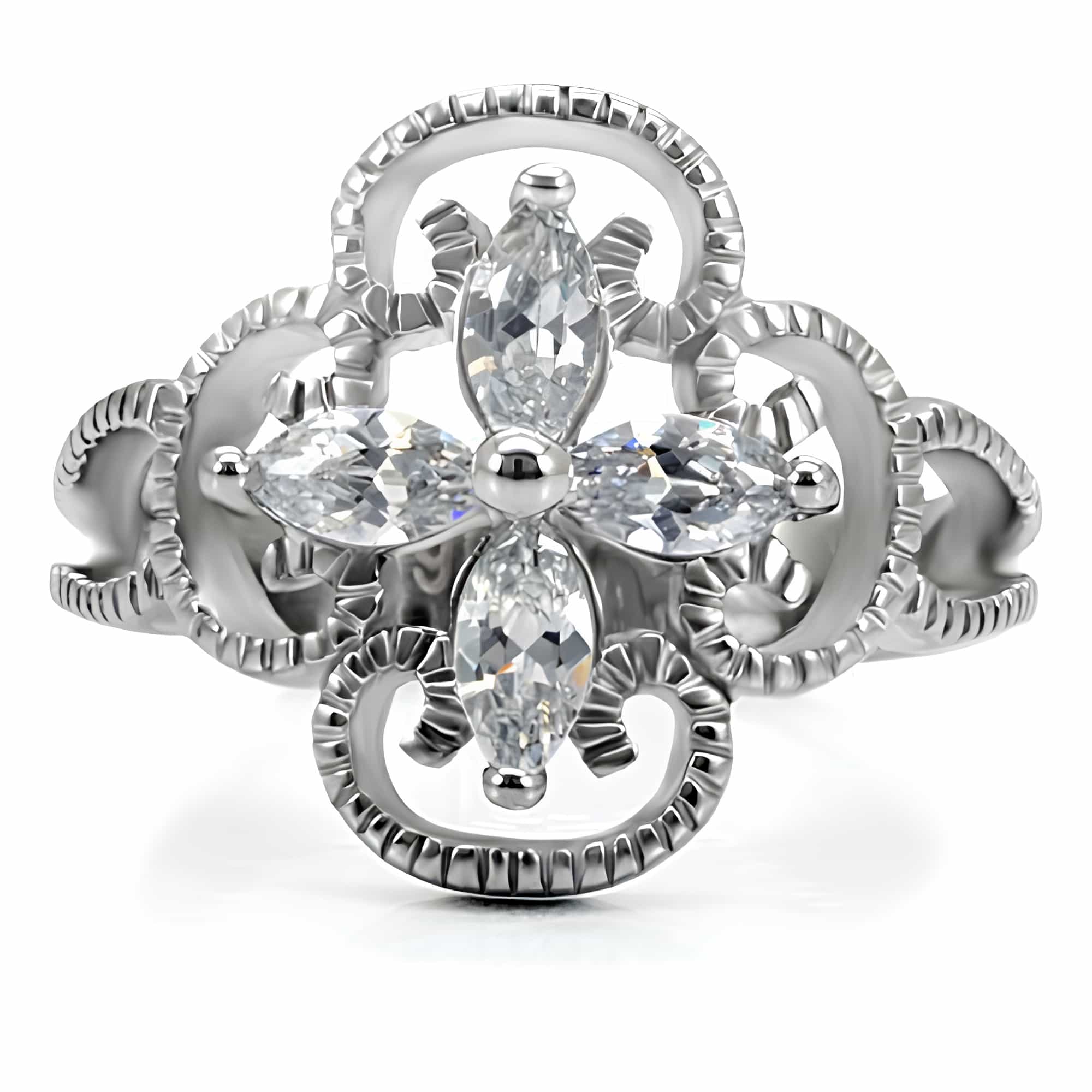 Stainless Steel CZ Marquise Flower Filigree Open Work Ring view 3