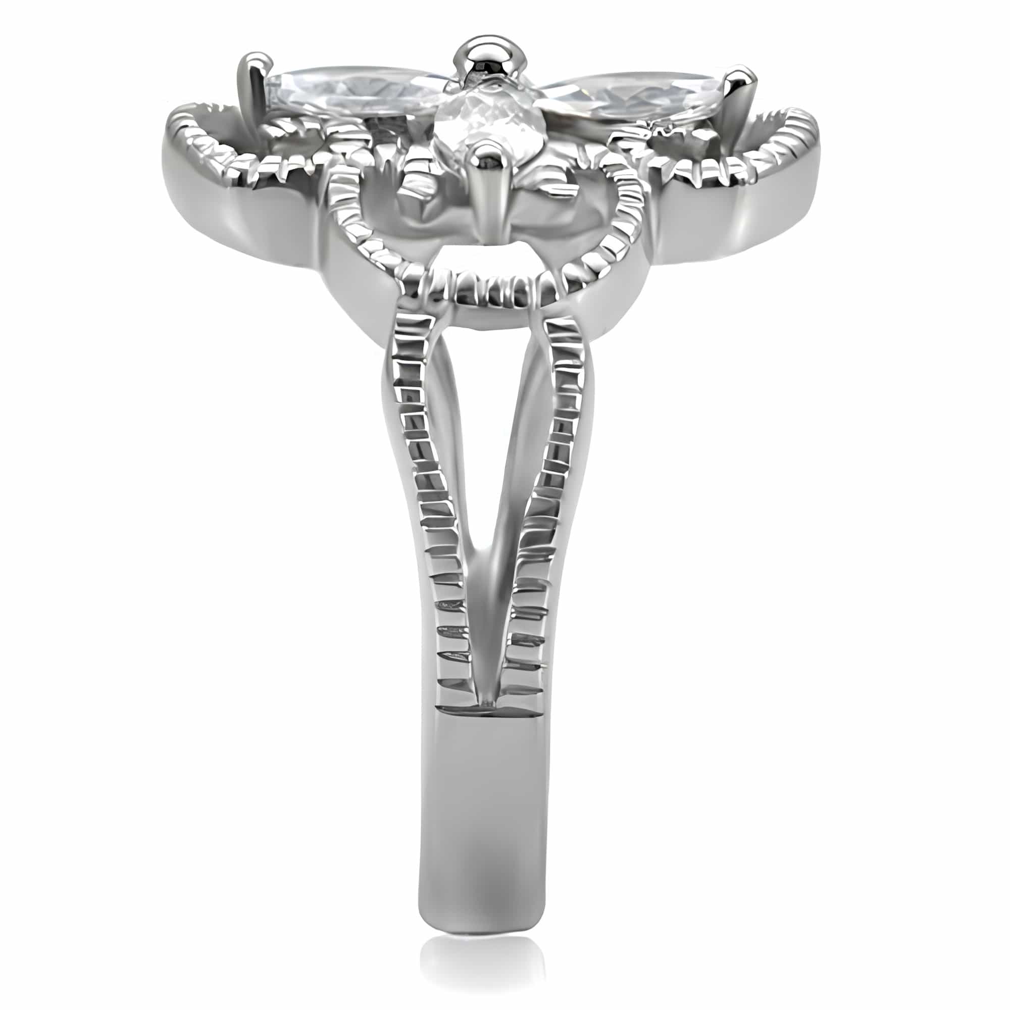 Stainless Steel CZ Marquise Flower Filigree Open Work Ring view 5
