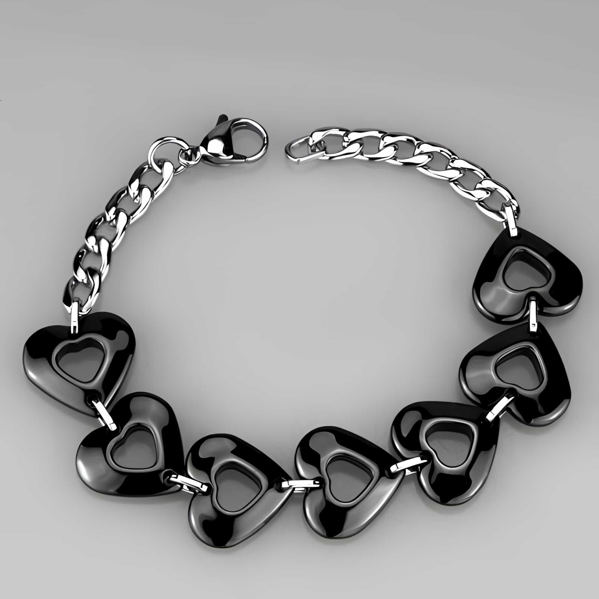 Stainless Steel Black Ceramic Heart Link Bracelet view 3