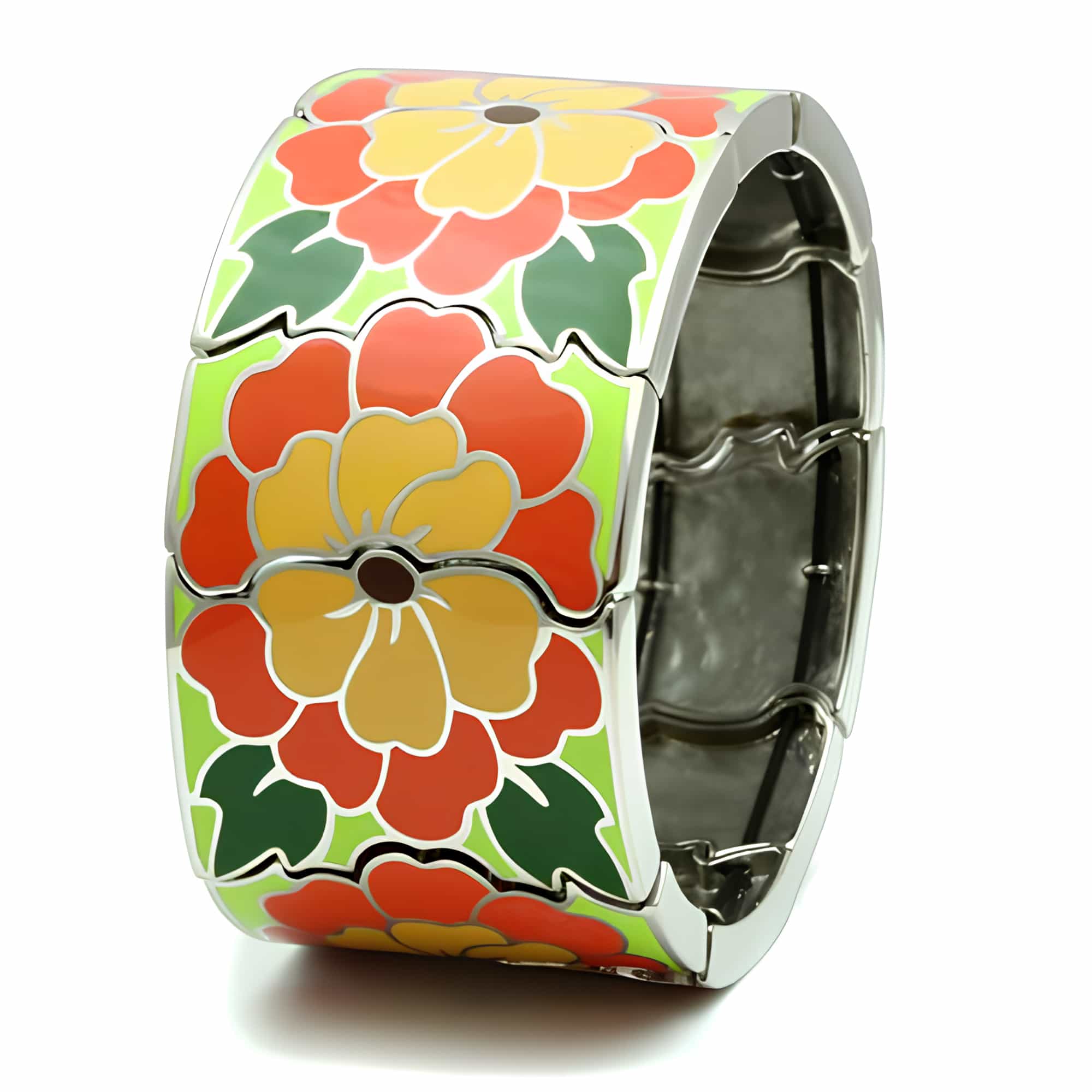 Stainless Steel Green Orange Red Enamel Floral Wide Bracelet view 3