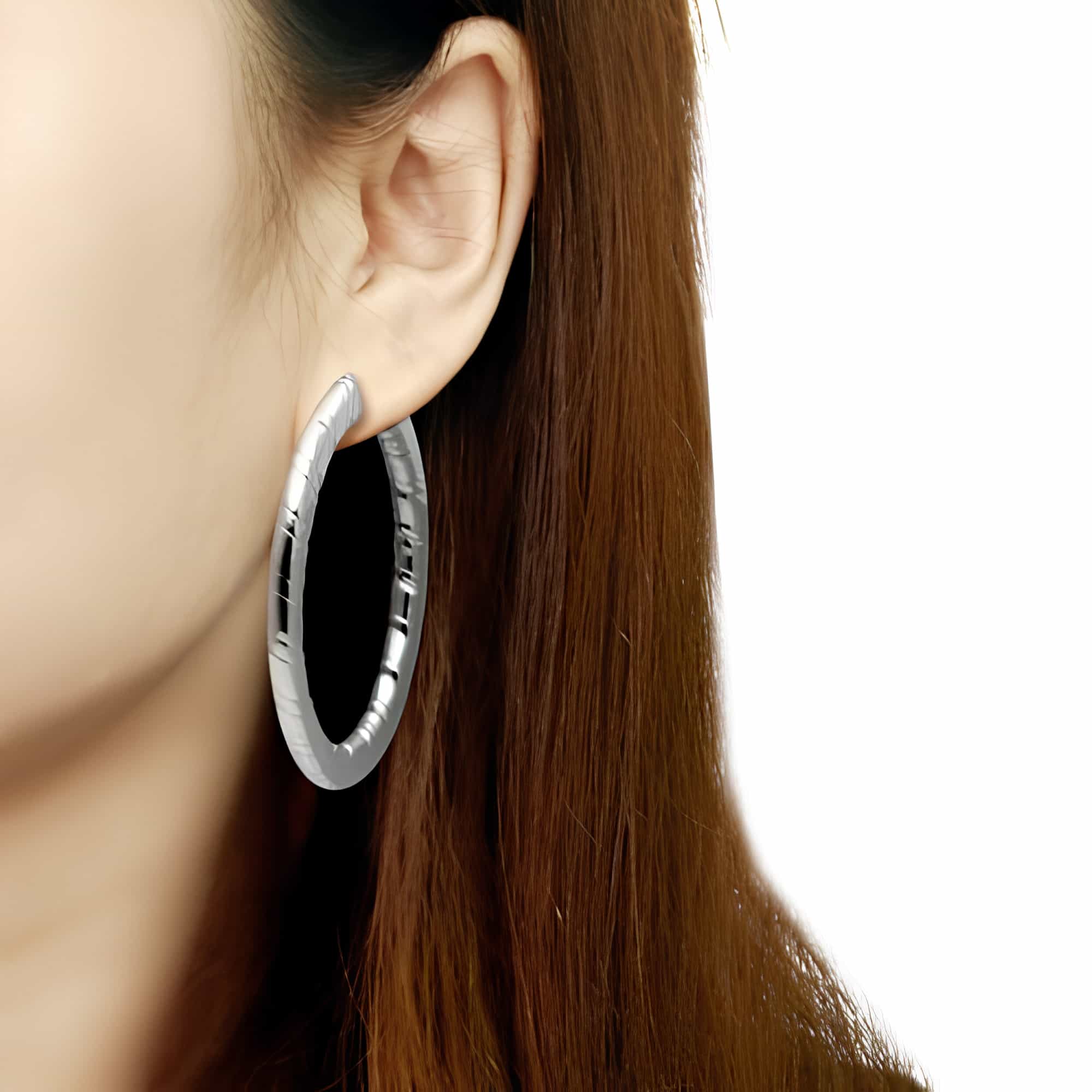 Stainless Steel Silver Polished Diamond Cut Medium Hoop Earrings view 2