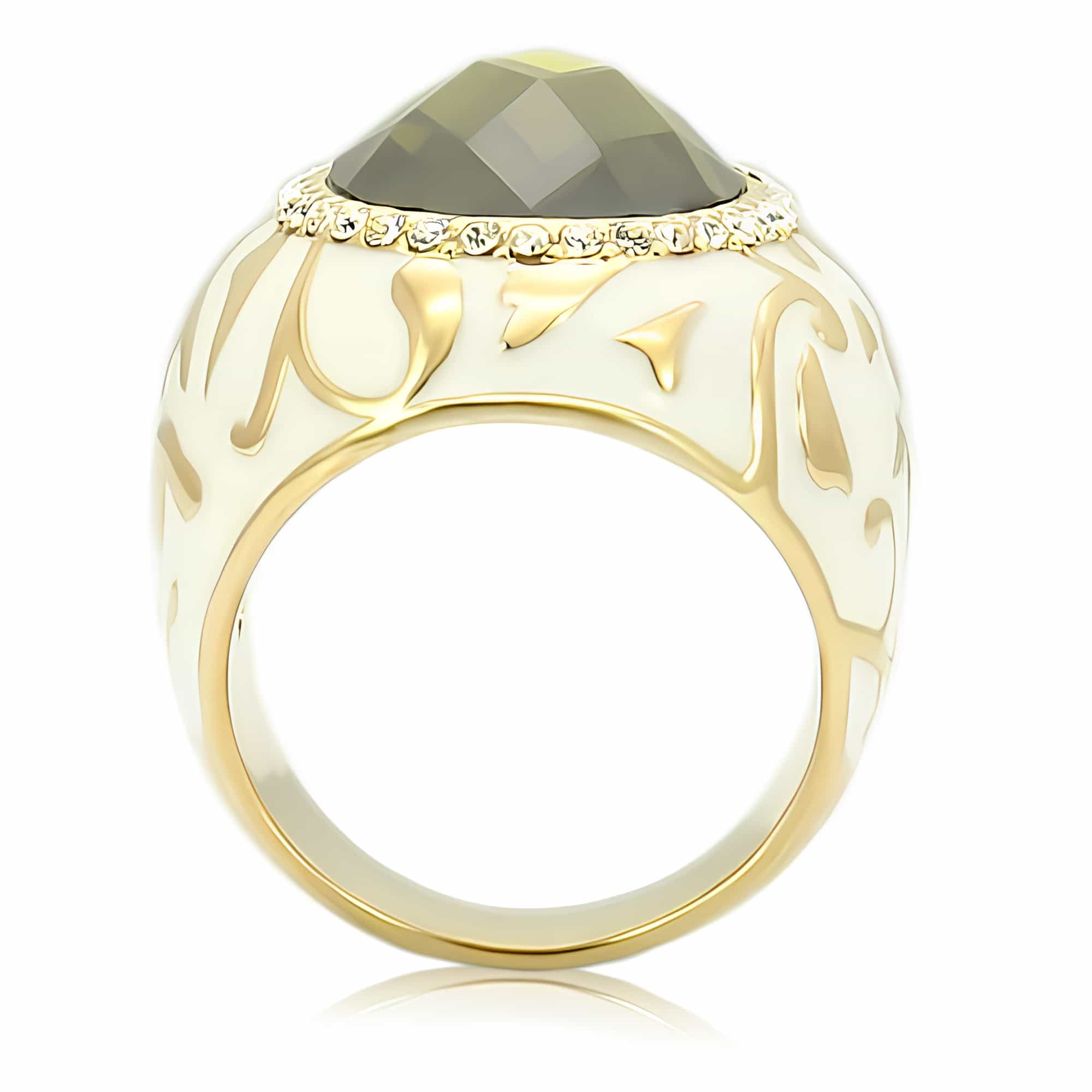 Brass Olive CZ White Enamel Filigree Dome Ring view 4