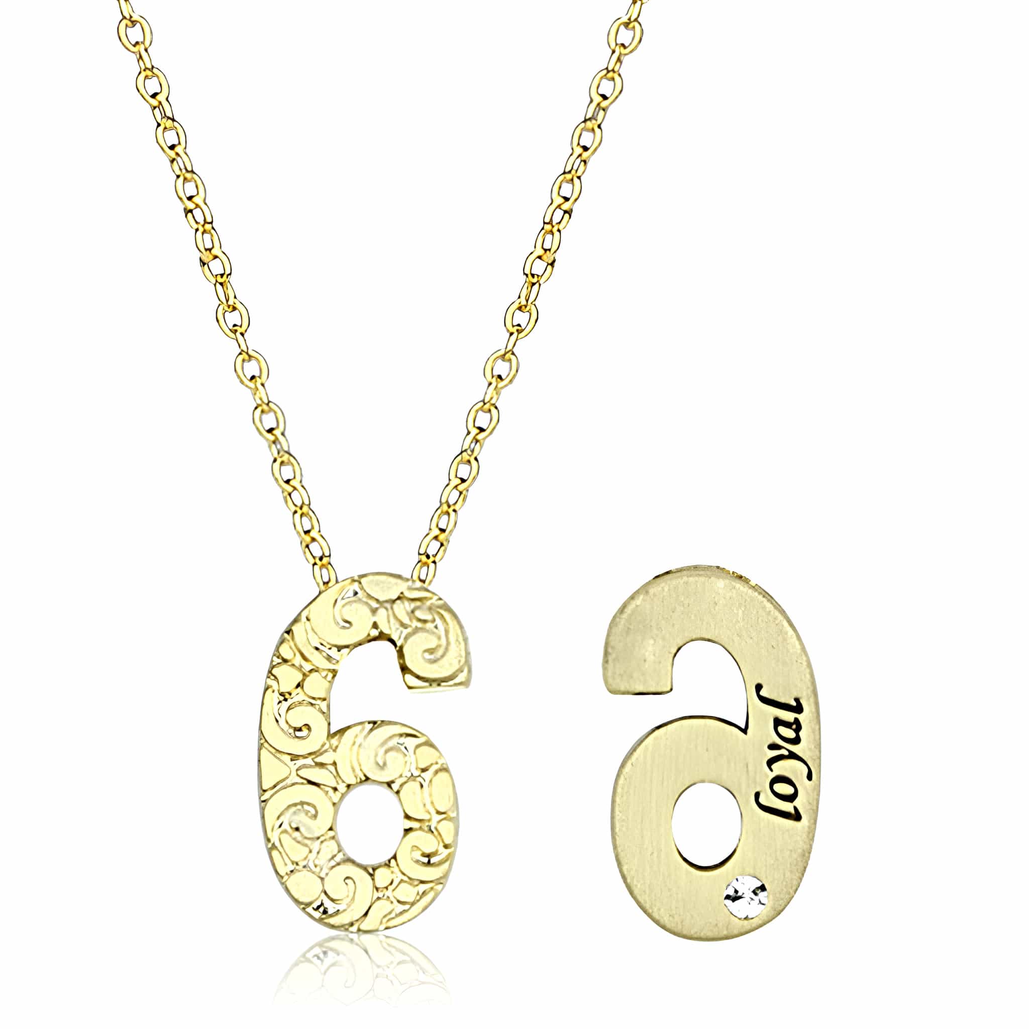 Brass Gold Textured Number 6 Pendant Necklace view 2