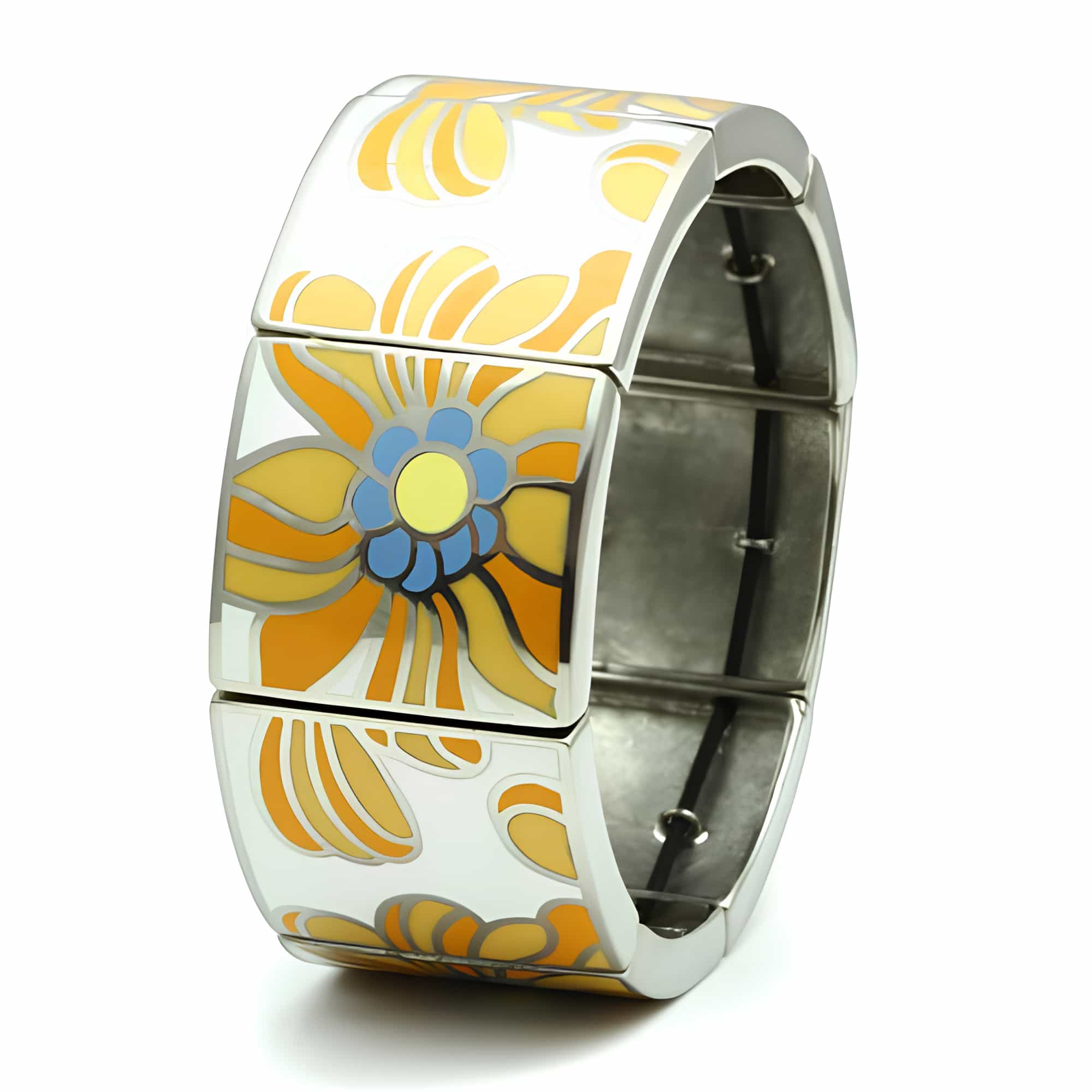 Stainless Steel White Orange Enamel Sunflower Pattern Bracelet view 3