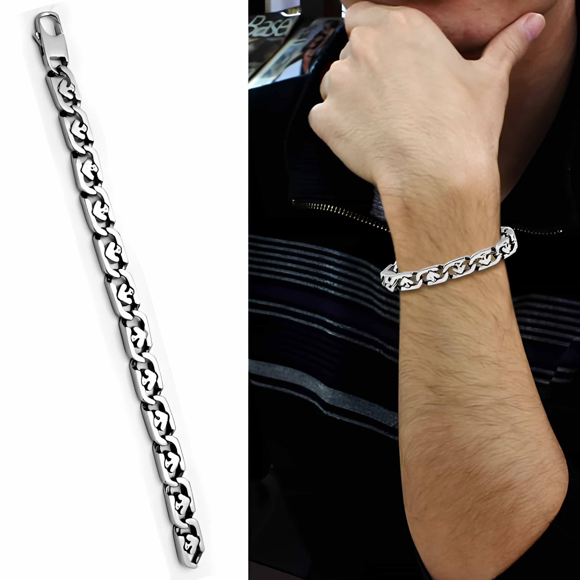 Stainless Steel Silver Polished Heart Cutout Figaro Link Bracelet view 2