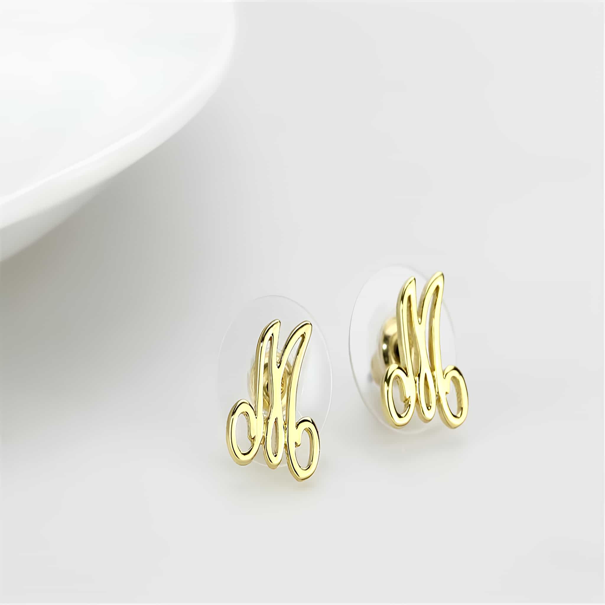 Brass Gold Script Letter M Stud Earrings view 3