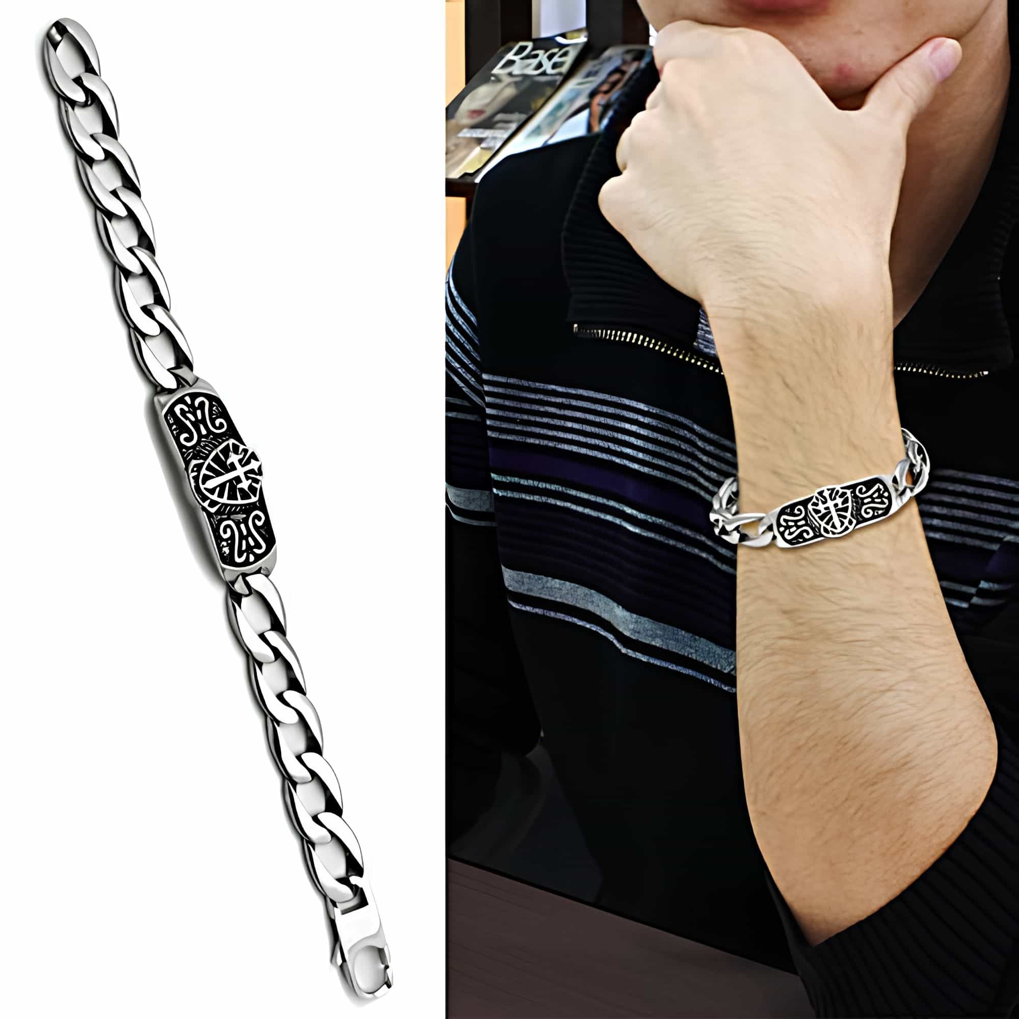 Stainless Steel Silver Celtic Cross Carved Cuban Link Bracelet view 2