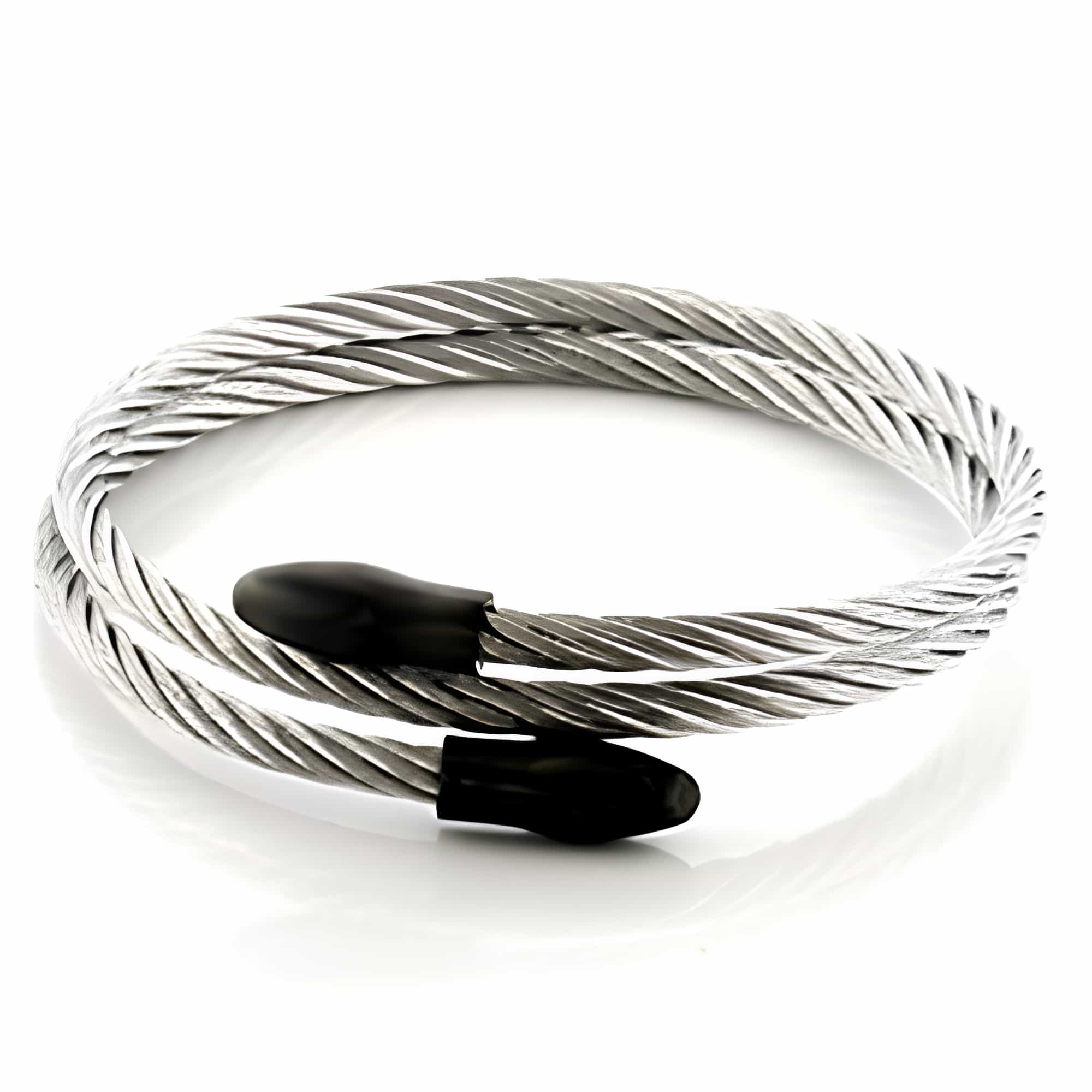 Stainless Steel Silver Black Onyx Twisted Cable Wire Bracelet view 1