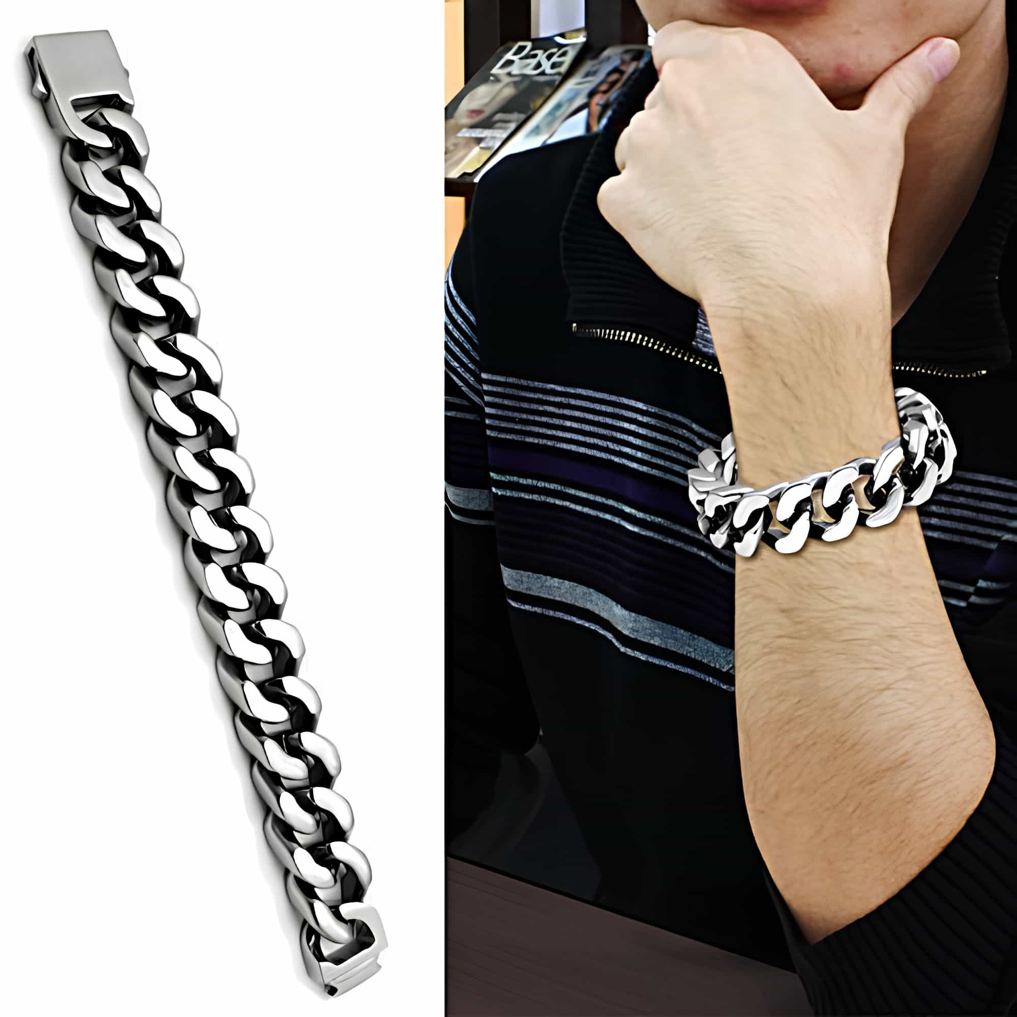 Stainless Steel Silver Heavy Polished Cuban Link Chain Bracelet view 2