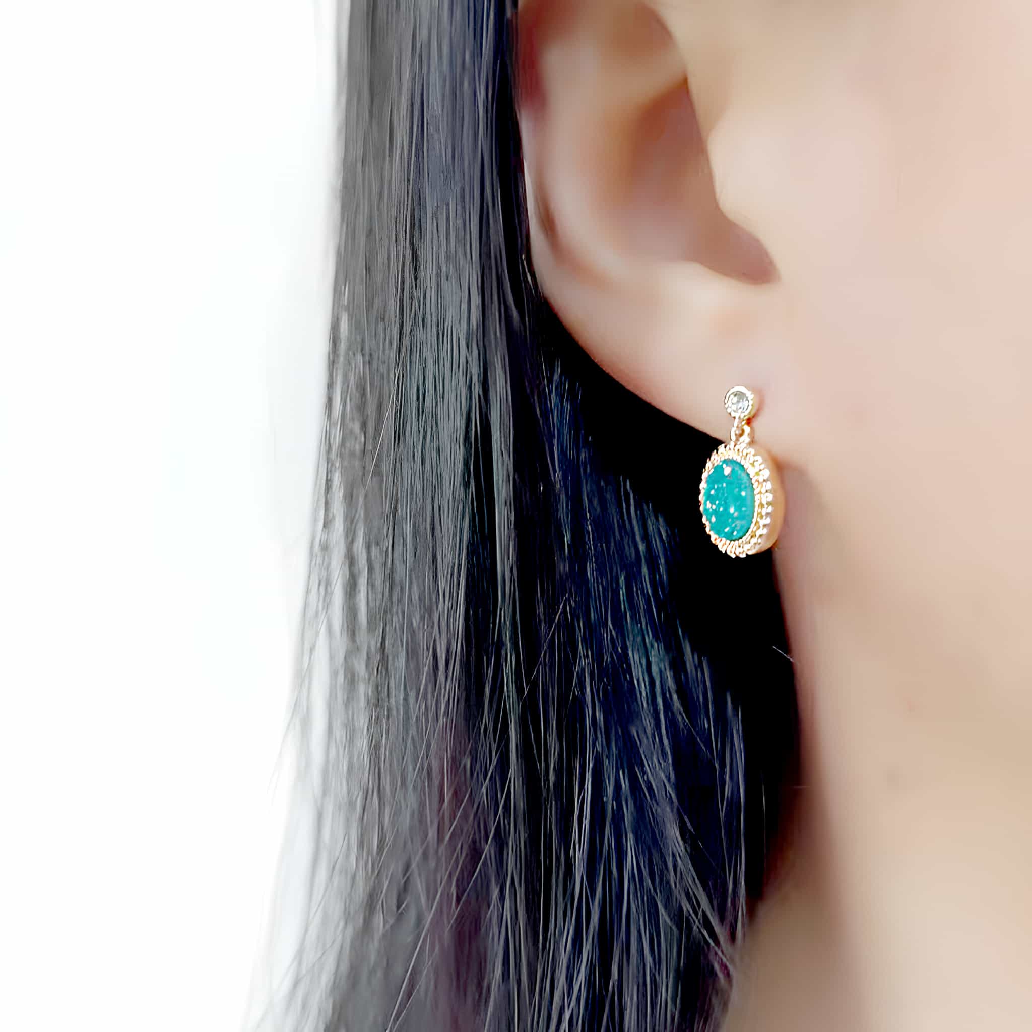 Brass Gold Turquoise Druzy Oval Double Drop Earrings view 3
