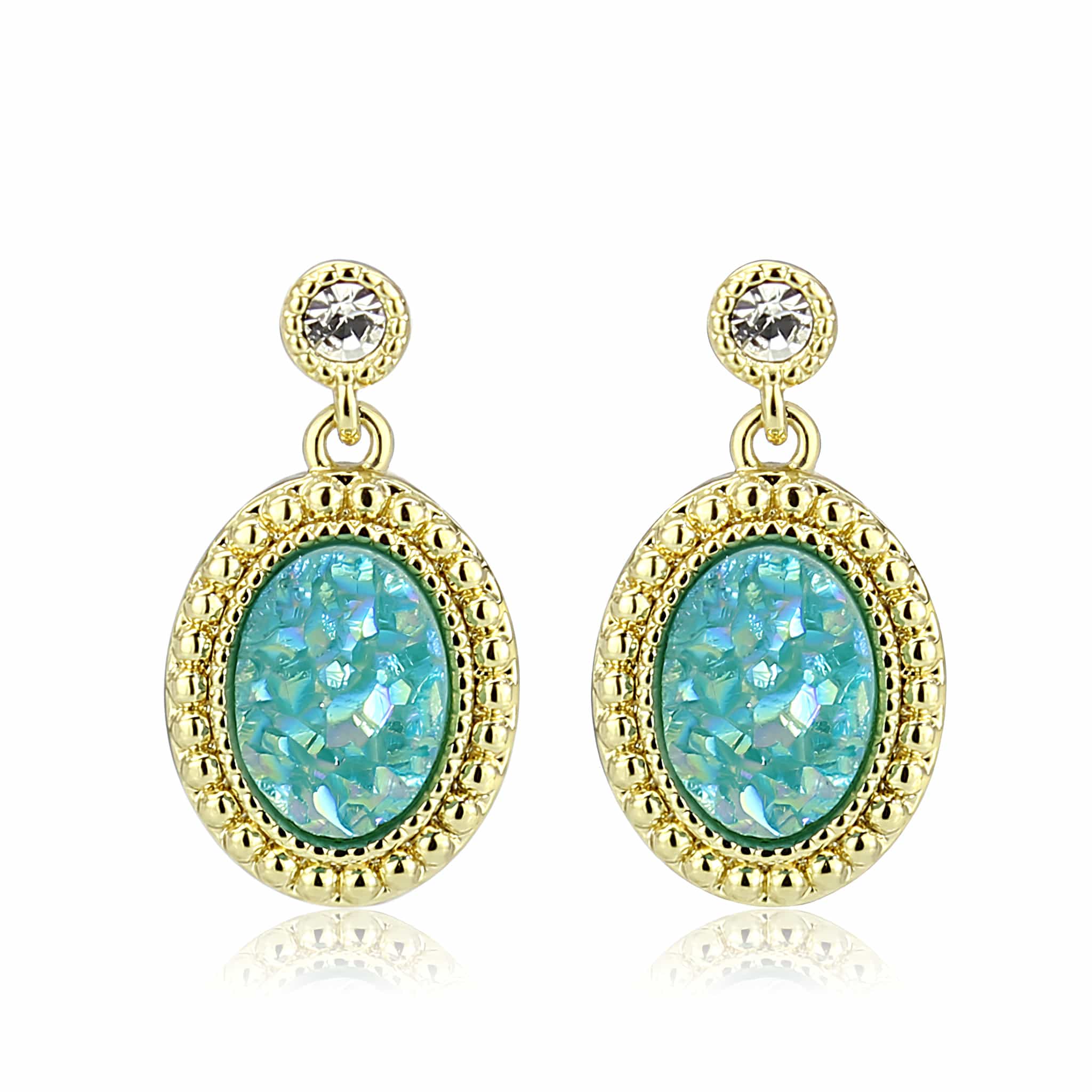 Brass Gold Turquoise Druzy Oval Double Drop Earrings view 4