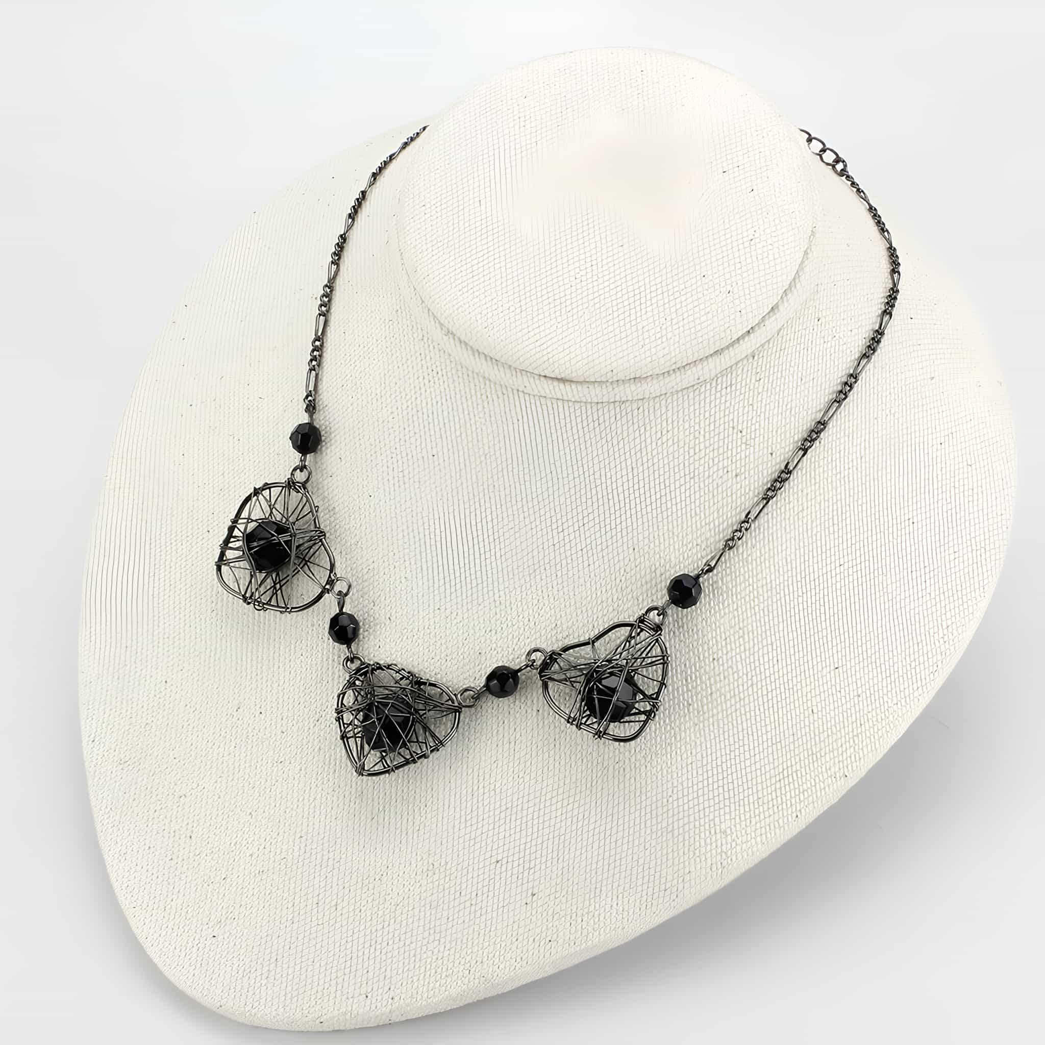 Gunmetal Black Bead Wire Cage Heart Pendant Necklace view 3