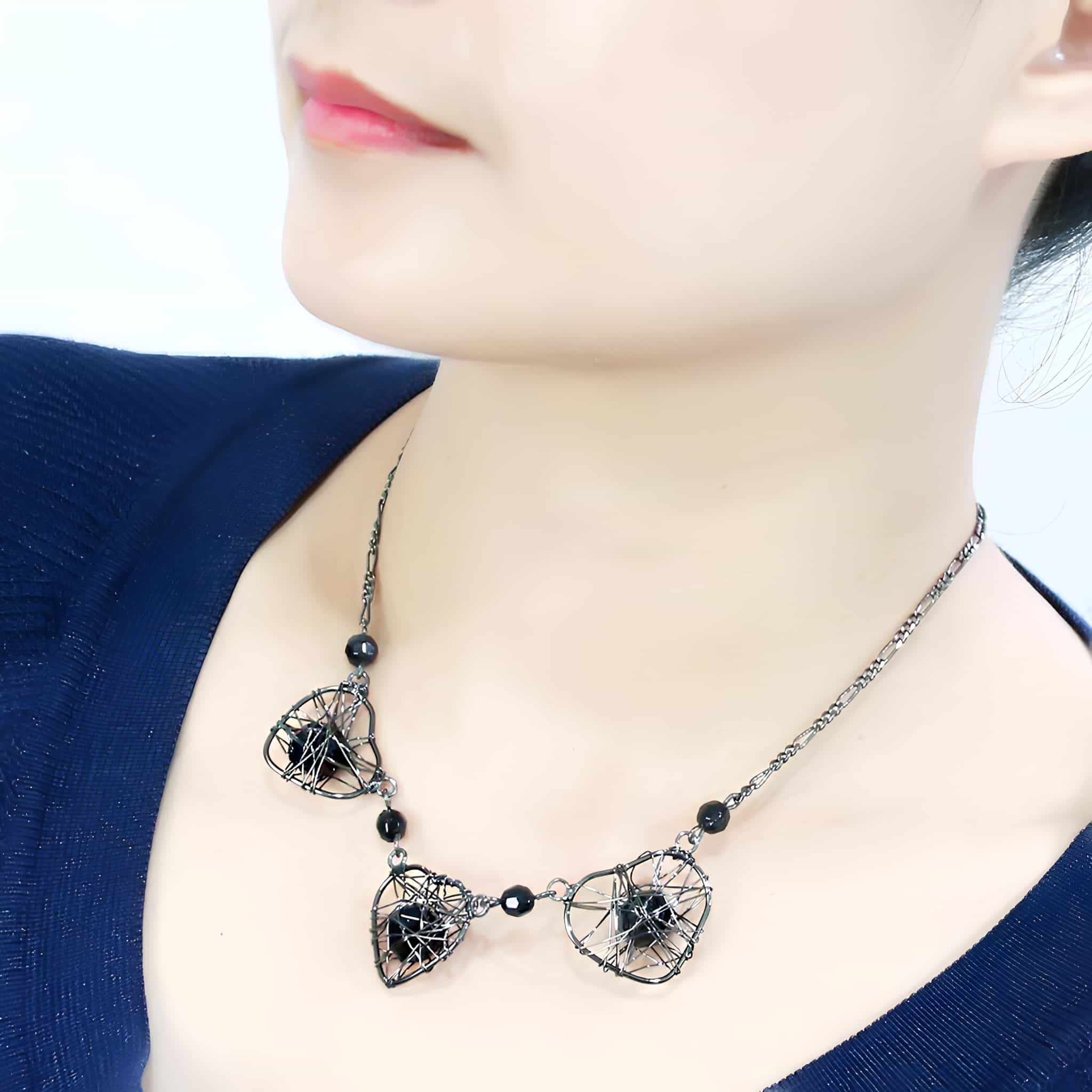Gunmetal Black Bead Wire Cage Heart Pendant Necklace view 4