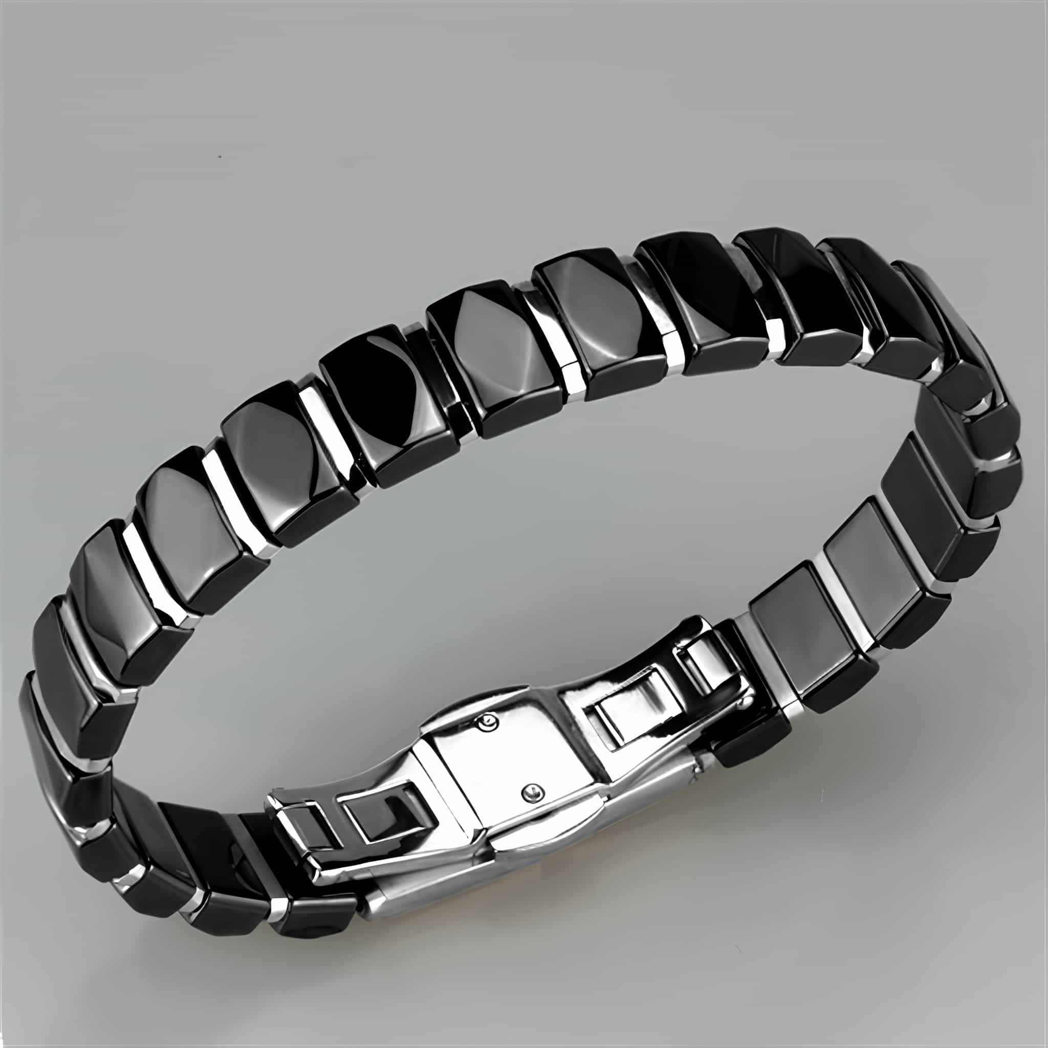 Stainless Steel Black Ceramic Silver Dome Link Bracelet view 2