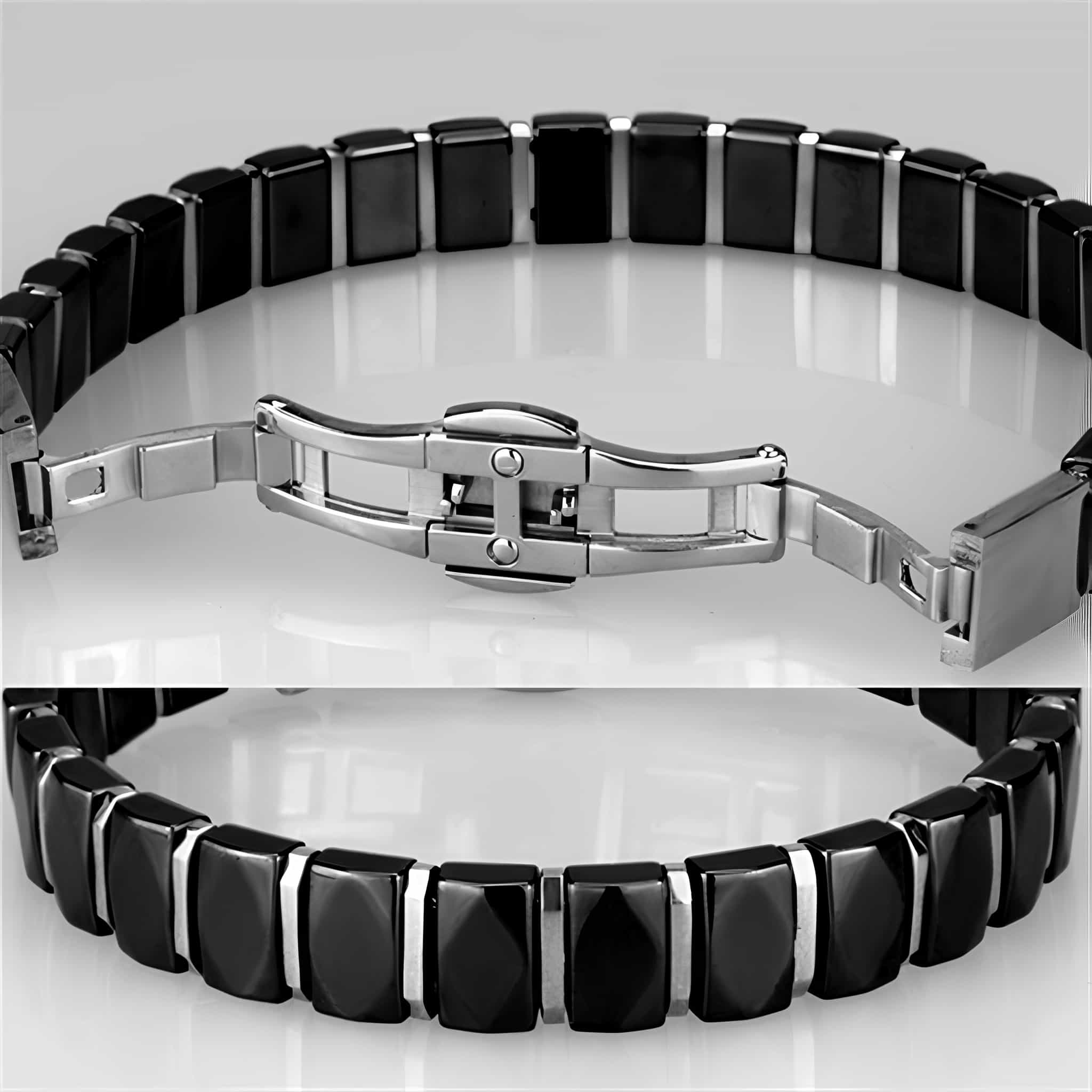 Stainless Steel Black Ceramic Silver Dome Link Bracelet view 4