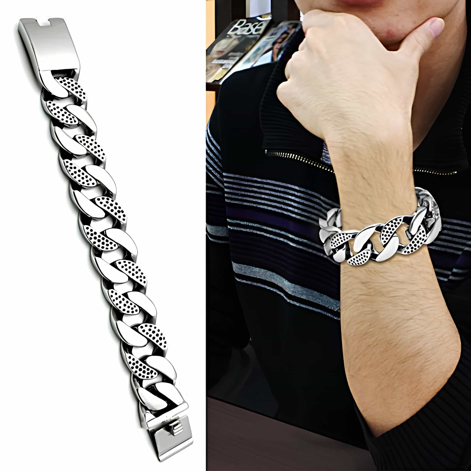 Stainless Steel Silver Dotted Cuban Curb Link Mens Bracelet view 2