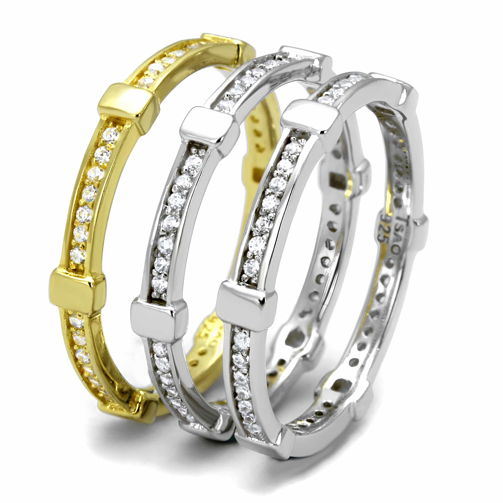 Sterling Silver Gold Two Tone Black CZ Channel Triple Stack Ring view 4