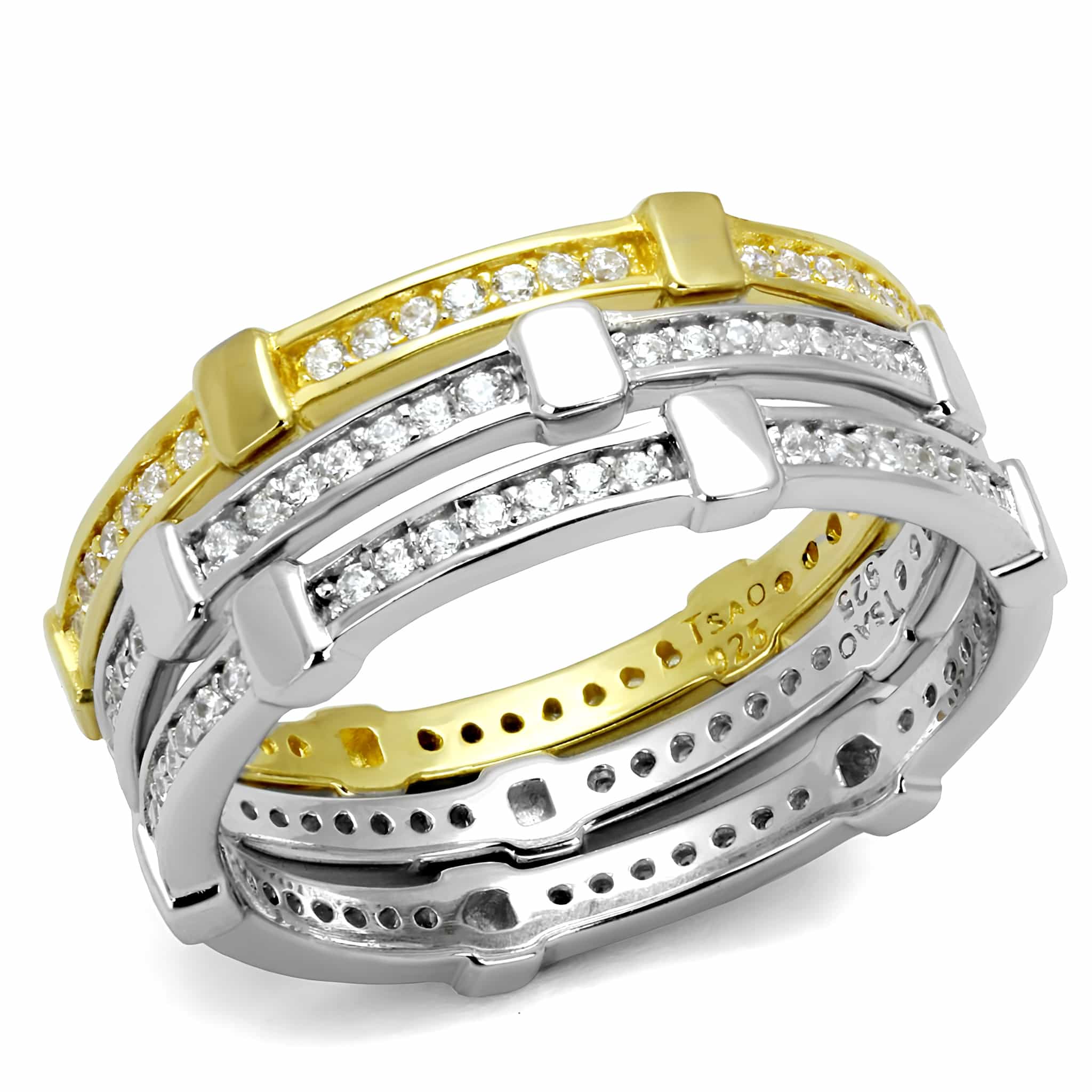 Sterling Silver Gold Two Tone Black CZ Channel Triple Stack Ring view 5