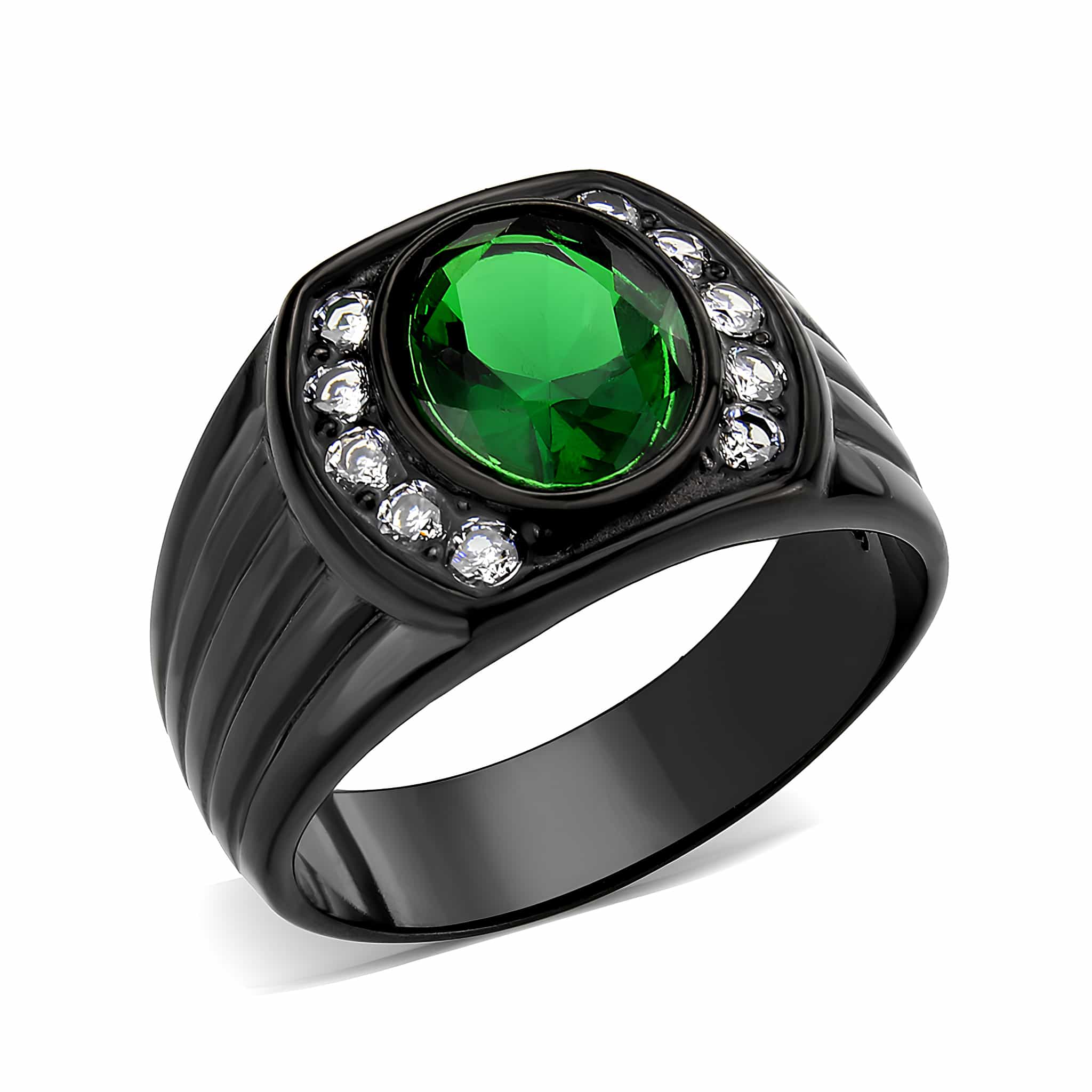 Stainless Steel Dark IP Emerald Green CZ Oval Halo Ribbed Ring view 1