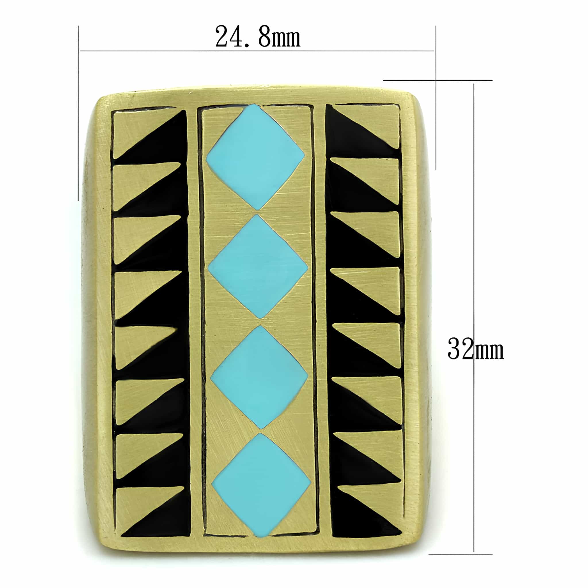 Brass Gold Turquoise Enamel Aztec Geometric Cocktail Ring view 2