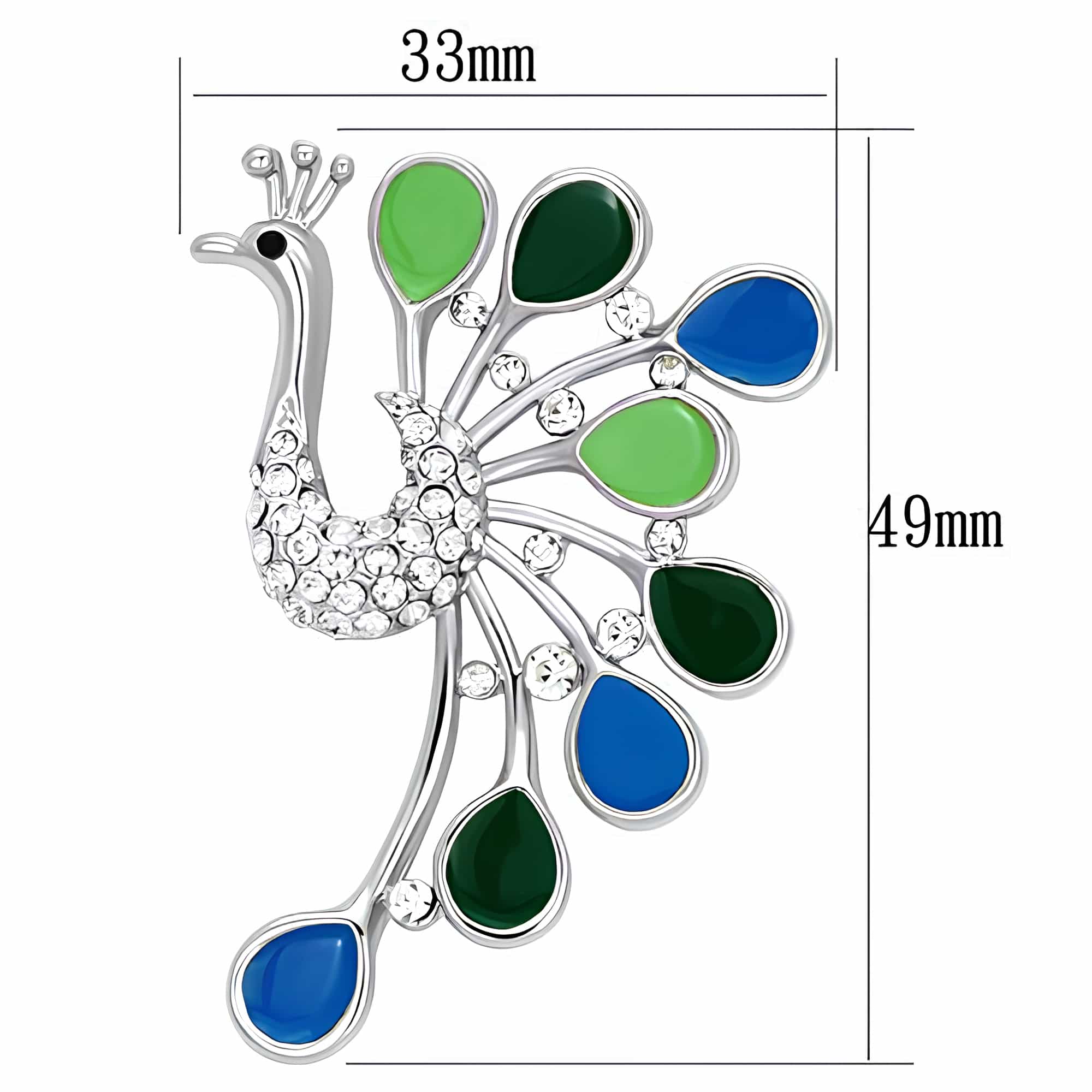 Silver Blue Green Enamel CZ Peacock Fan Brooch view 2