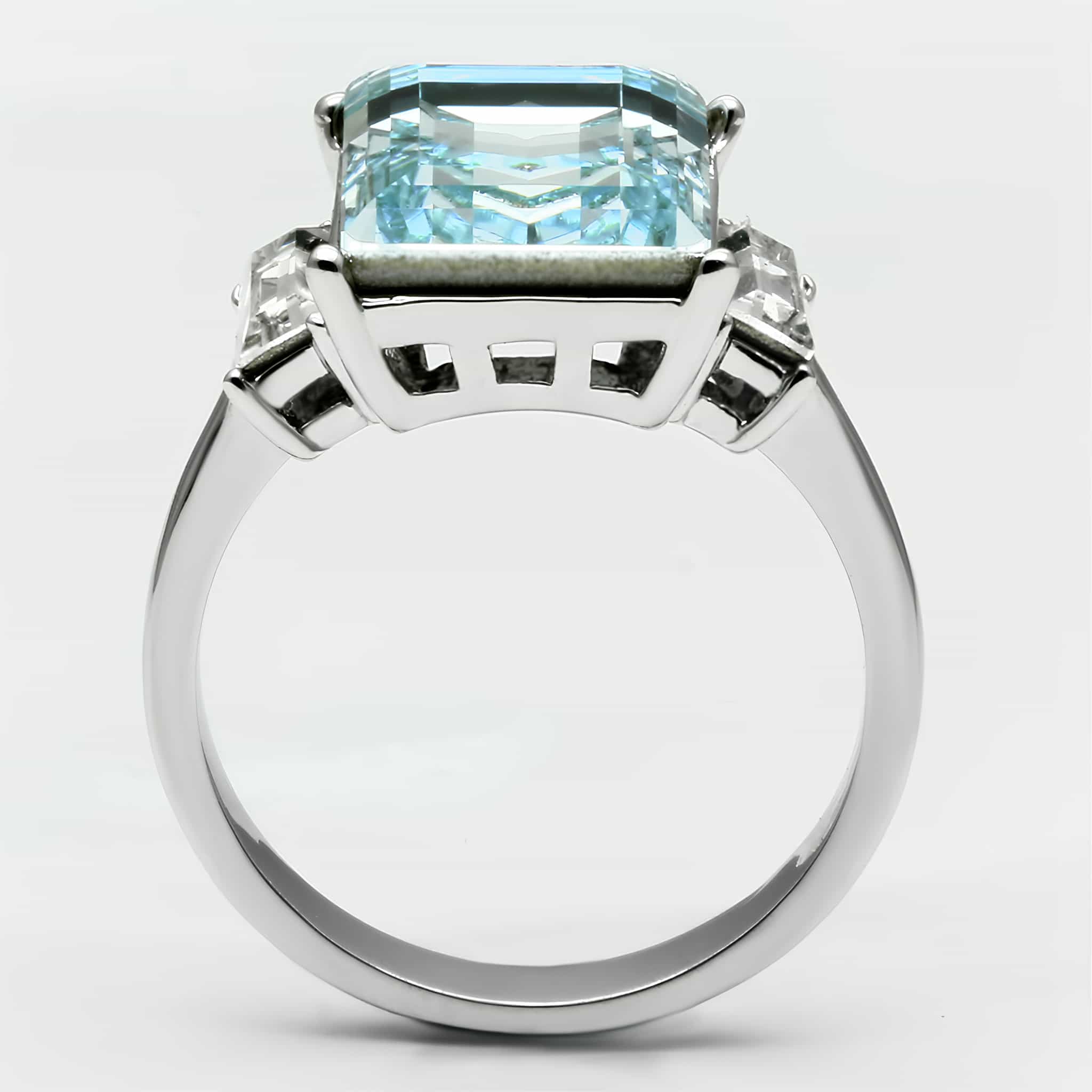 Stainless Steel Aquamarine Emerald Cut Baguette Sides Ring view 3