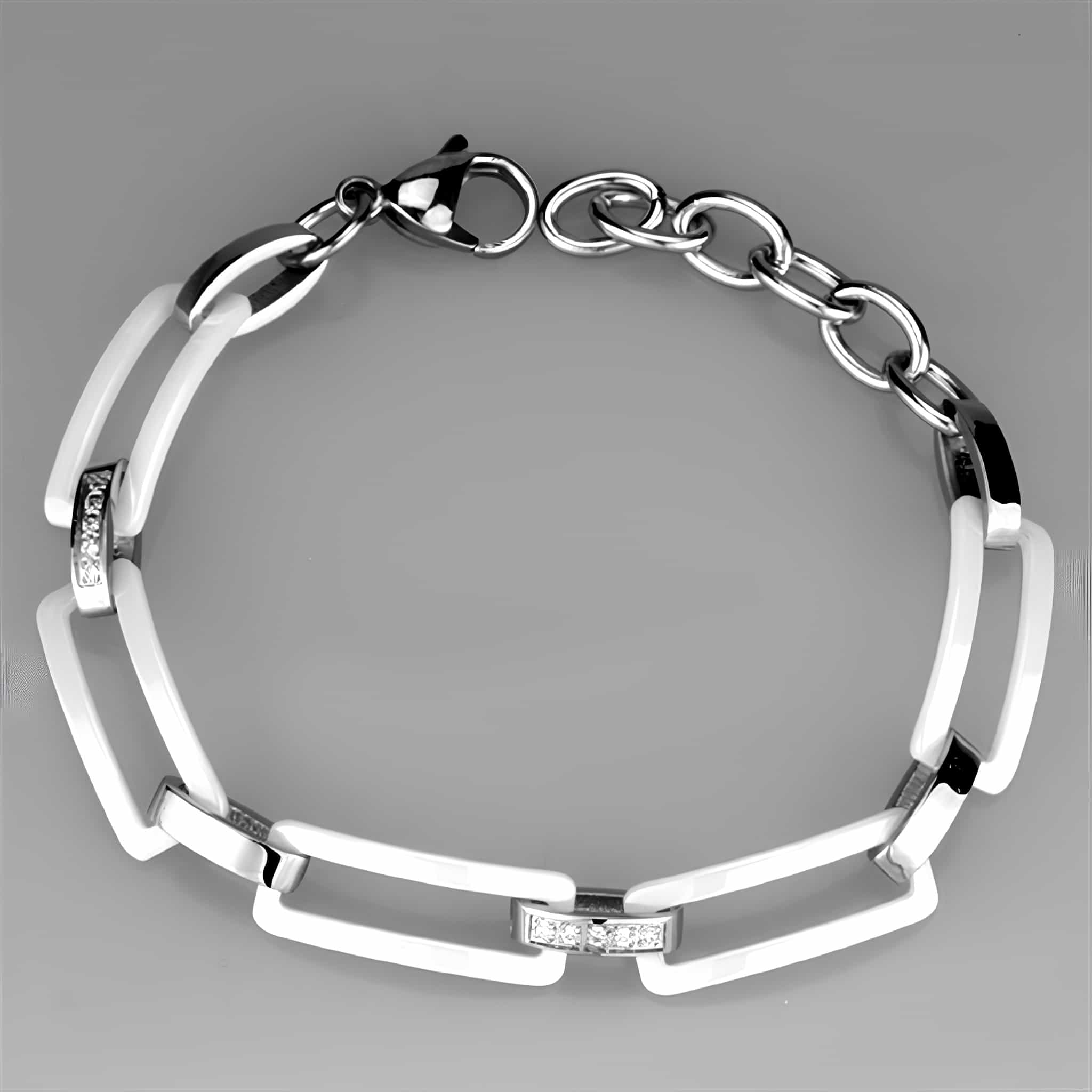 Stainless Steel White Ceramic Rectangle Silver Link Bracelet view 3