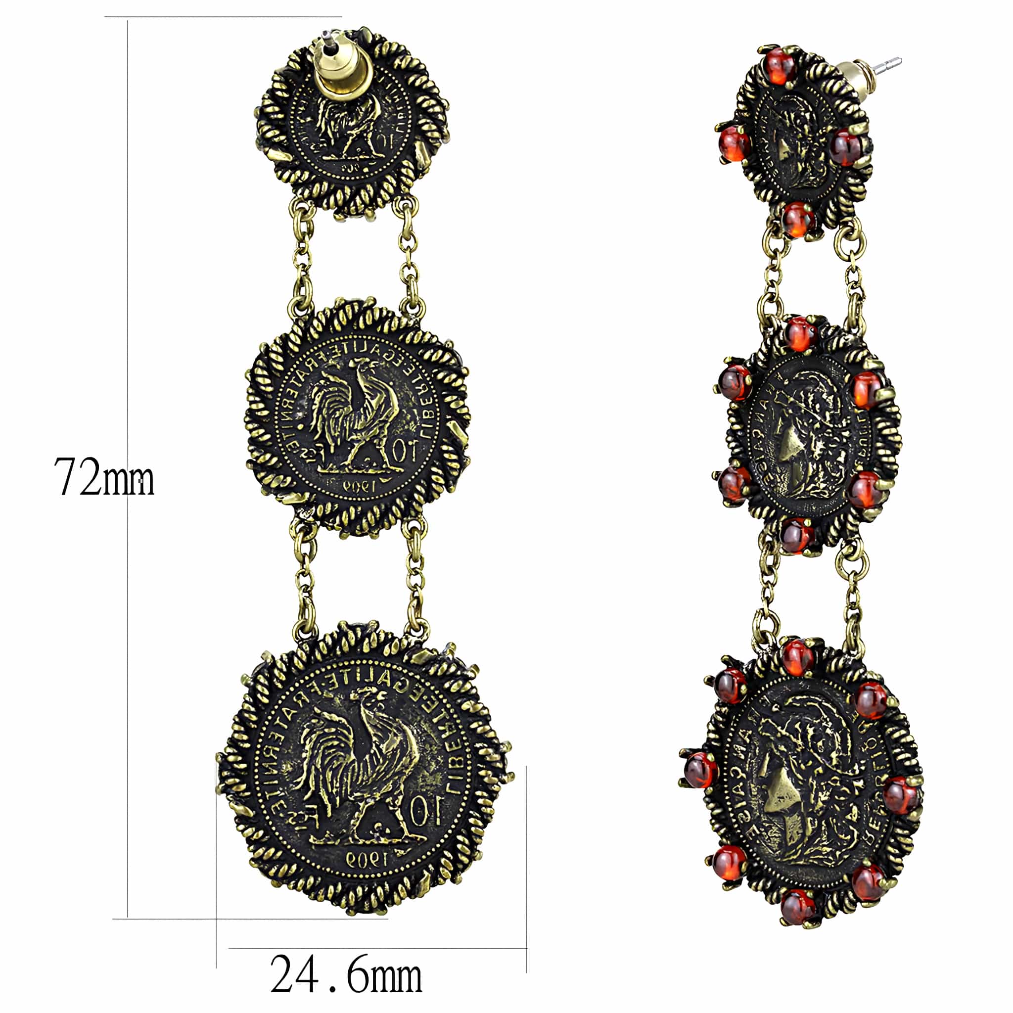 Brass Antique Gold Coin Medallion Triple Drop Earrings view 2