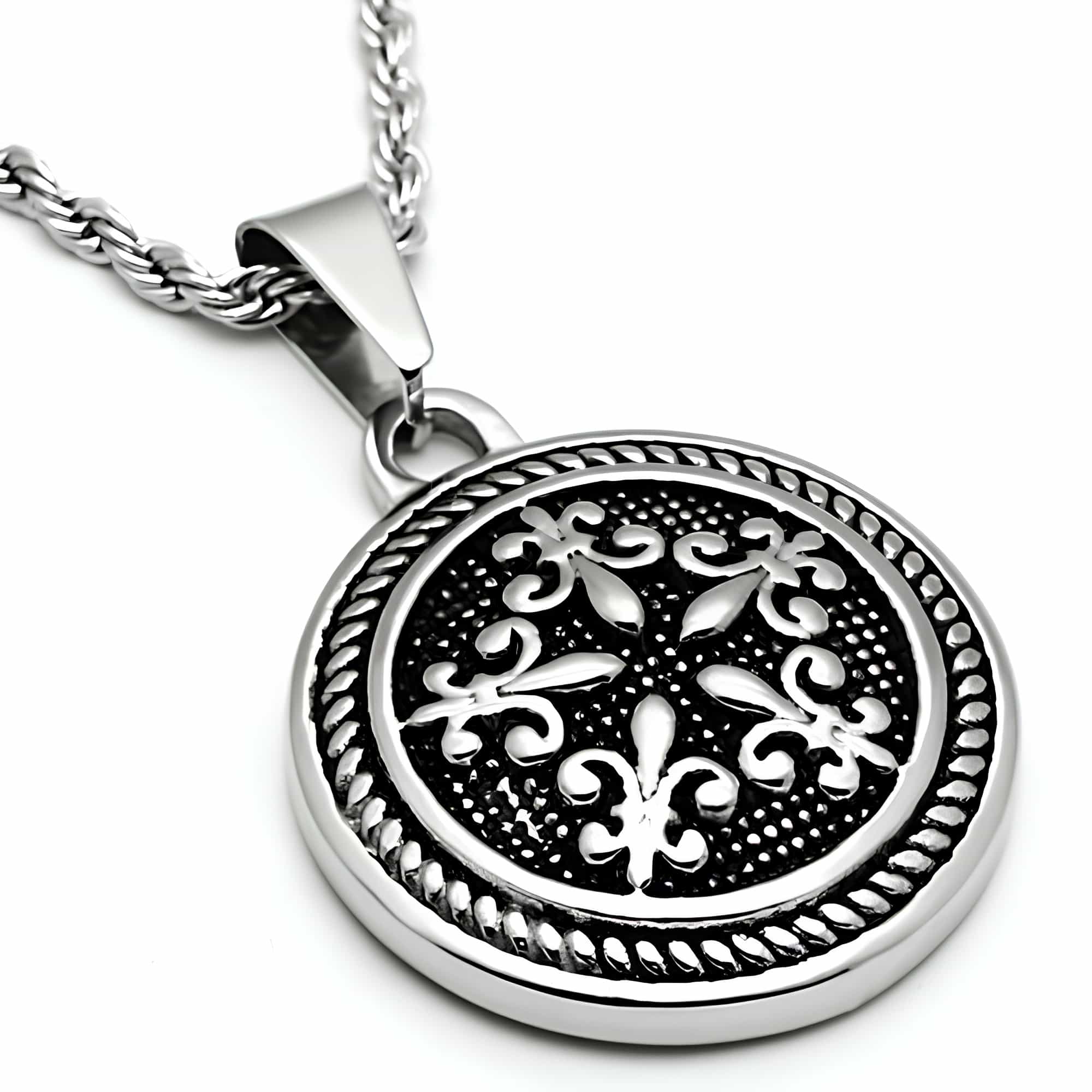 Stainless Steel Silver Compass Fleur De Lis Medallion Pendant view 3
