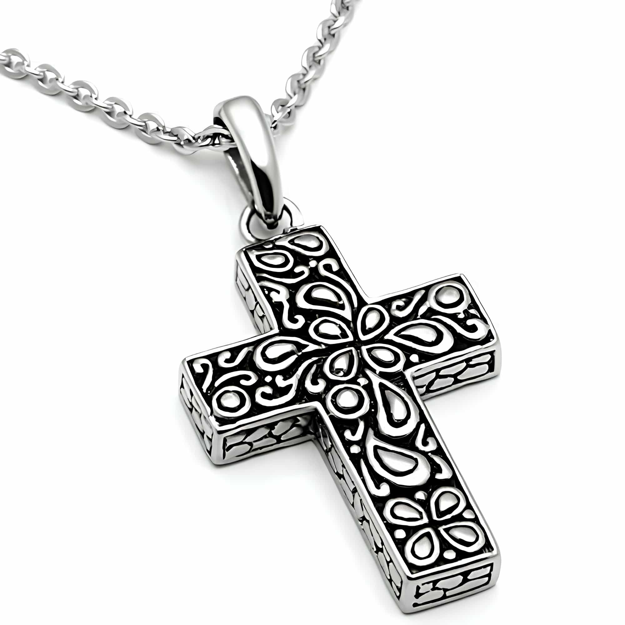 Stainless Steel Silver Paisley Scroll Carved Cross Necklace view 3