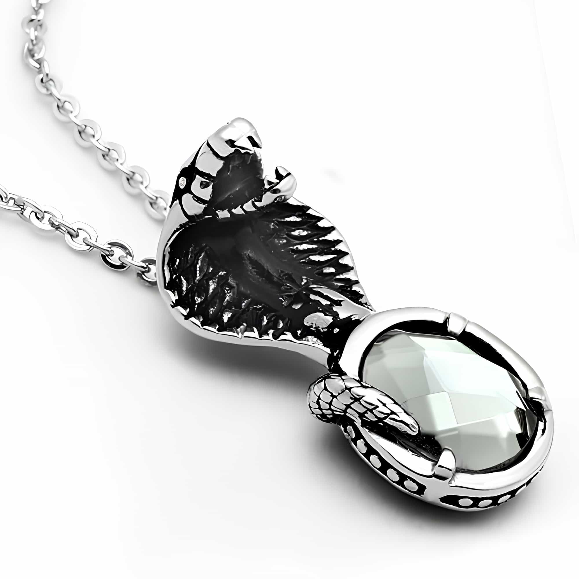 Stainless Steel Silver Eagle Head CZ Round Pendant Necklace view 3