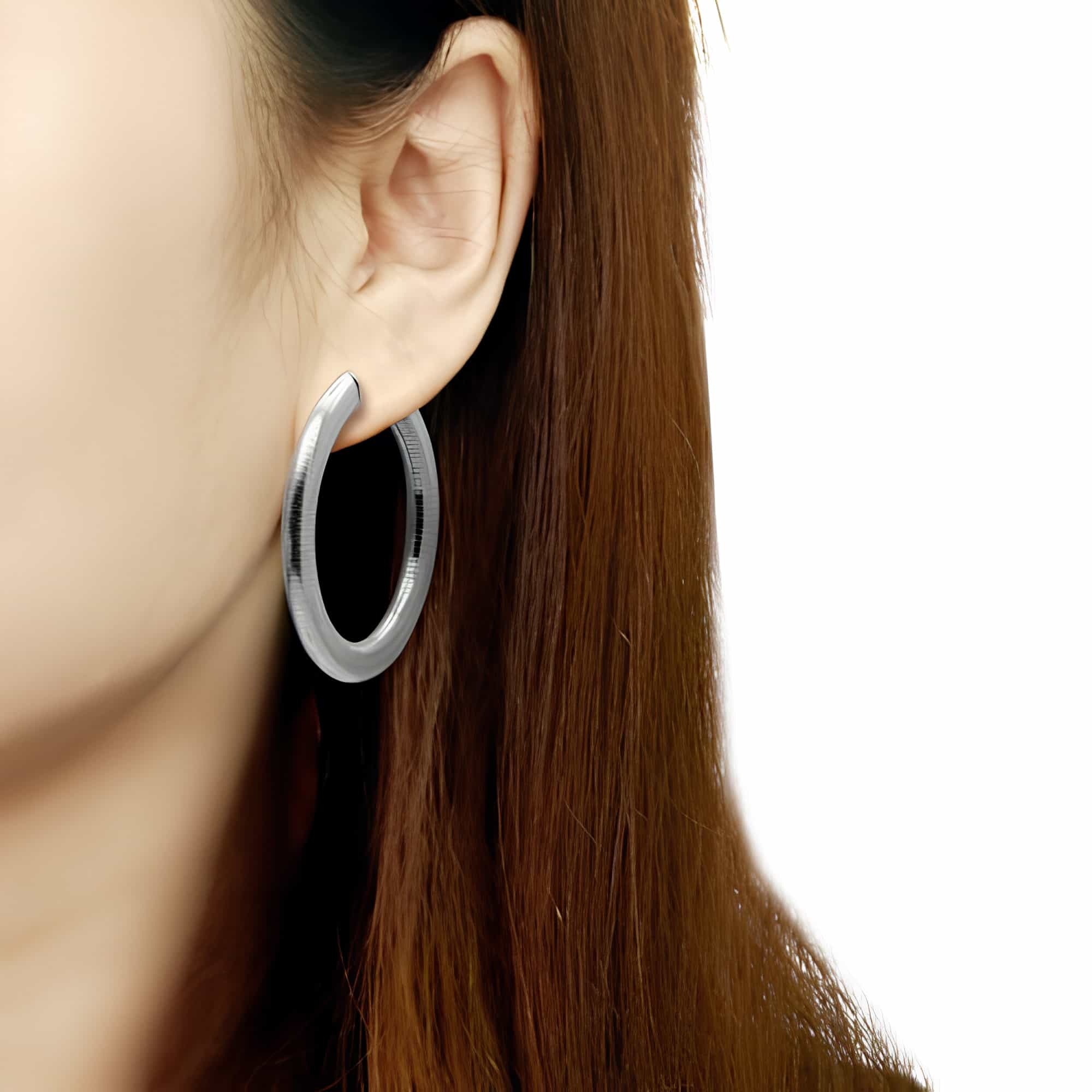 Stainless Steel Silver Polished Oval Tapered Omega Hoop Earrings view 2