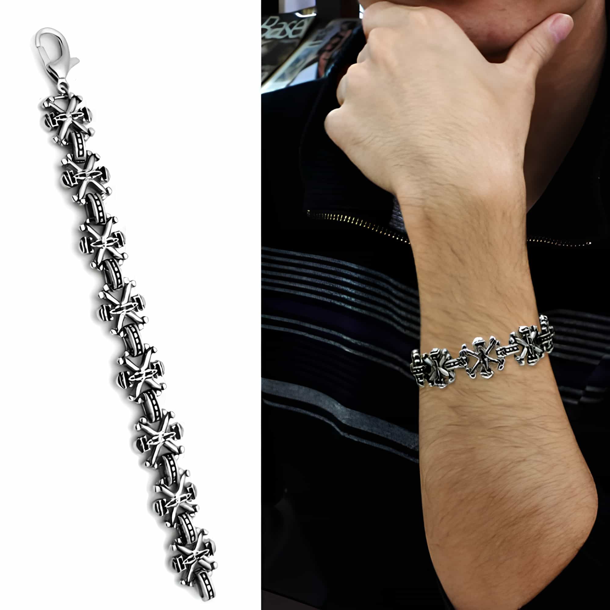 Stainless Steel Silver Ornate Cross Link Chain Bracelet view 2