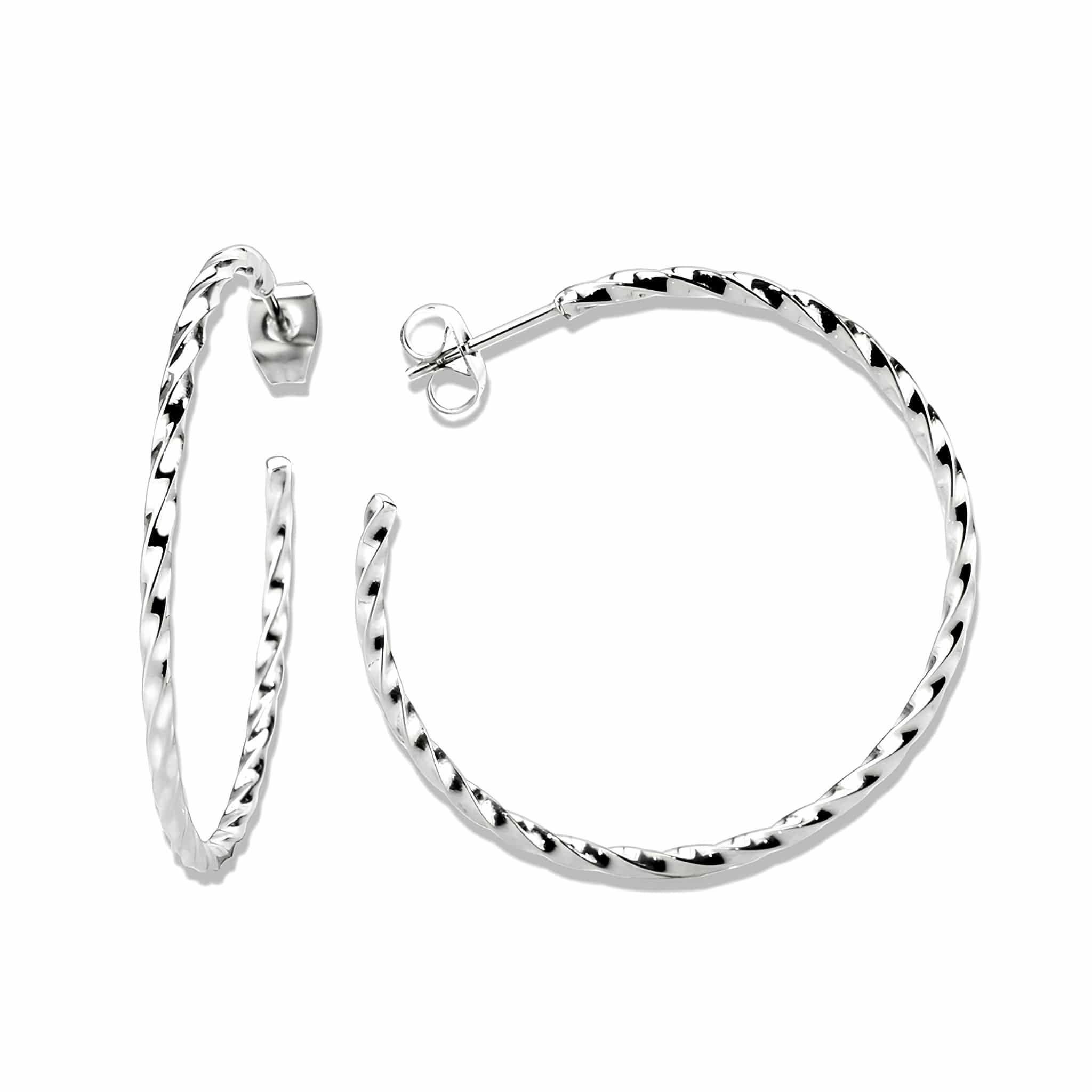 Stainless Steel Silver Polished Twisted Diamond Cut Hoop Earrings view 2