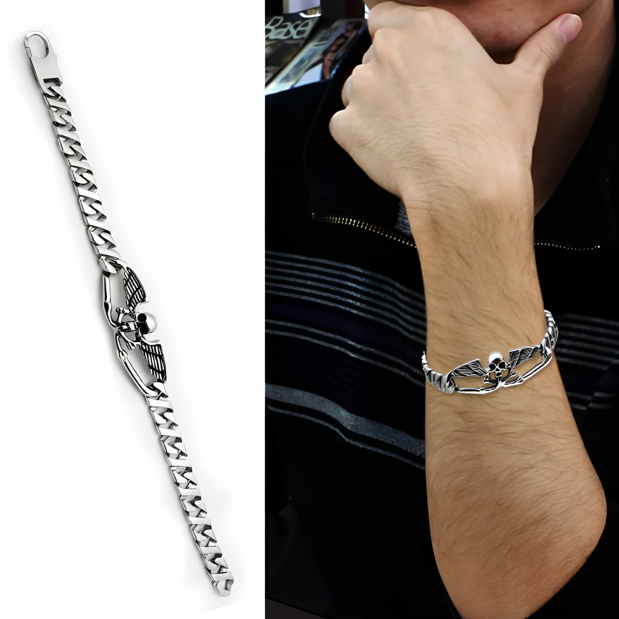 Stainless Steel Silver Winged Eagle Skull Curb Chain Bracelet view 2