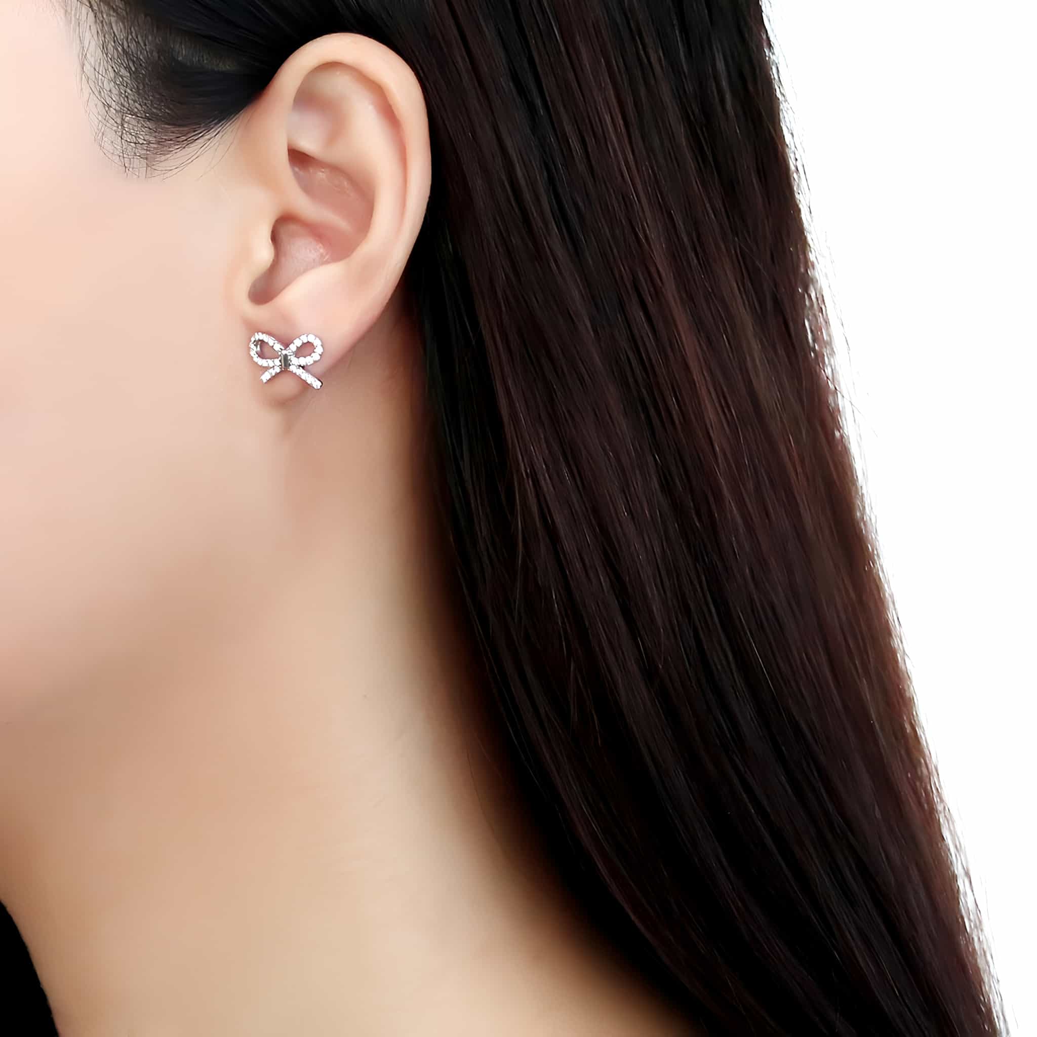 Stainless Steel CZ Pave Bow Ribbon Studs Earrings view 3