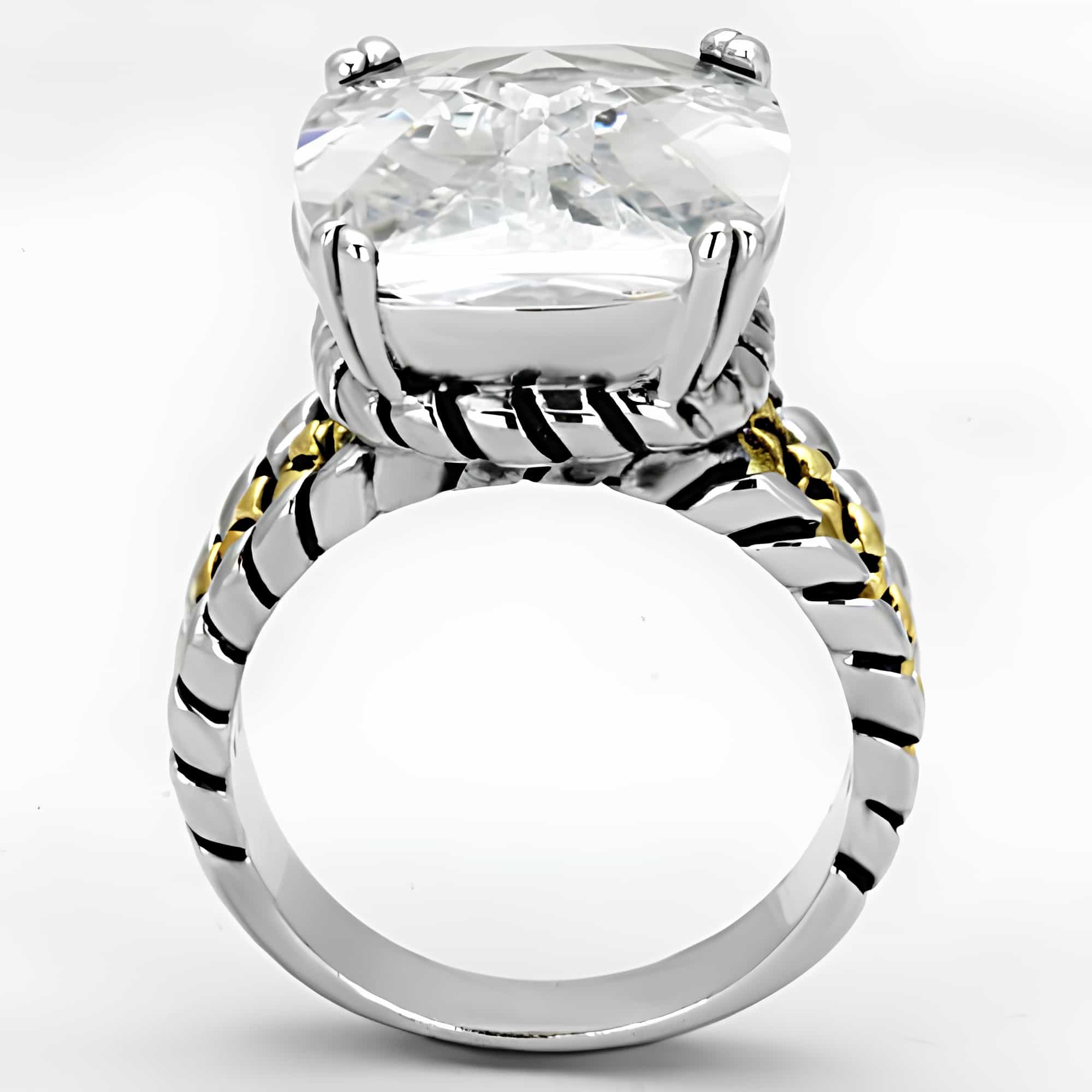 Brass Clear CZ Cushion Two-Tone Cable Solitaire Ring view 3