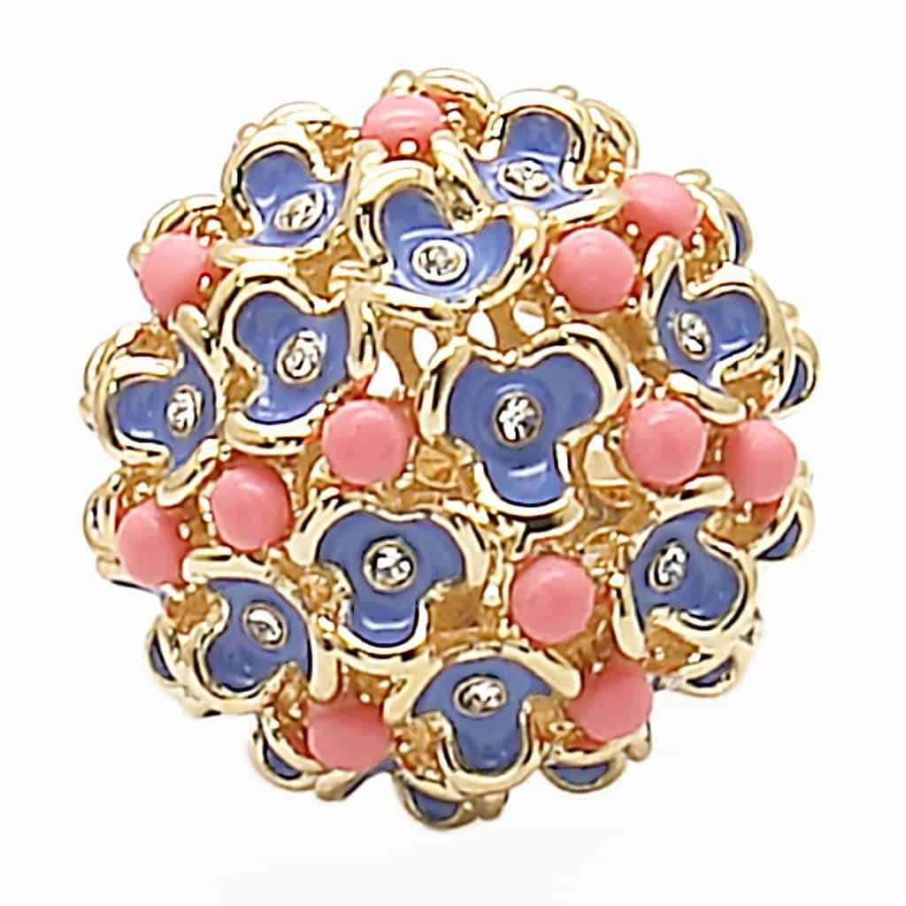 Brass Pink Blue Enamel Flower Cluster Ring view 3