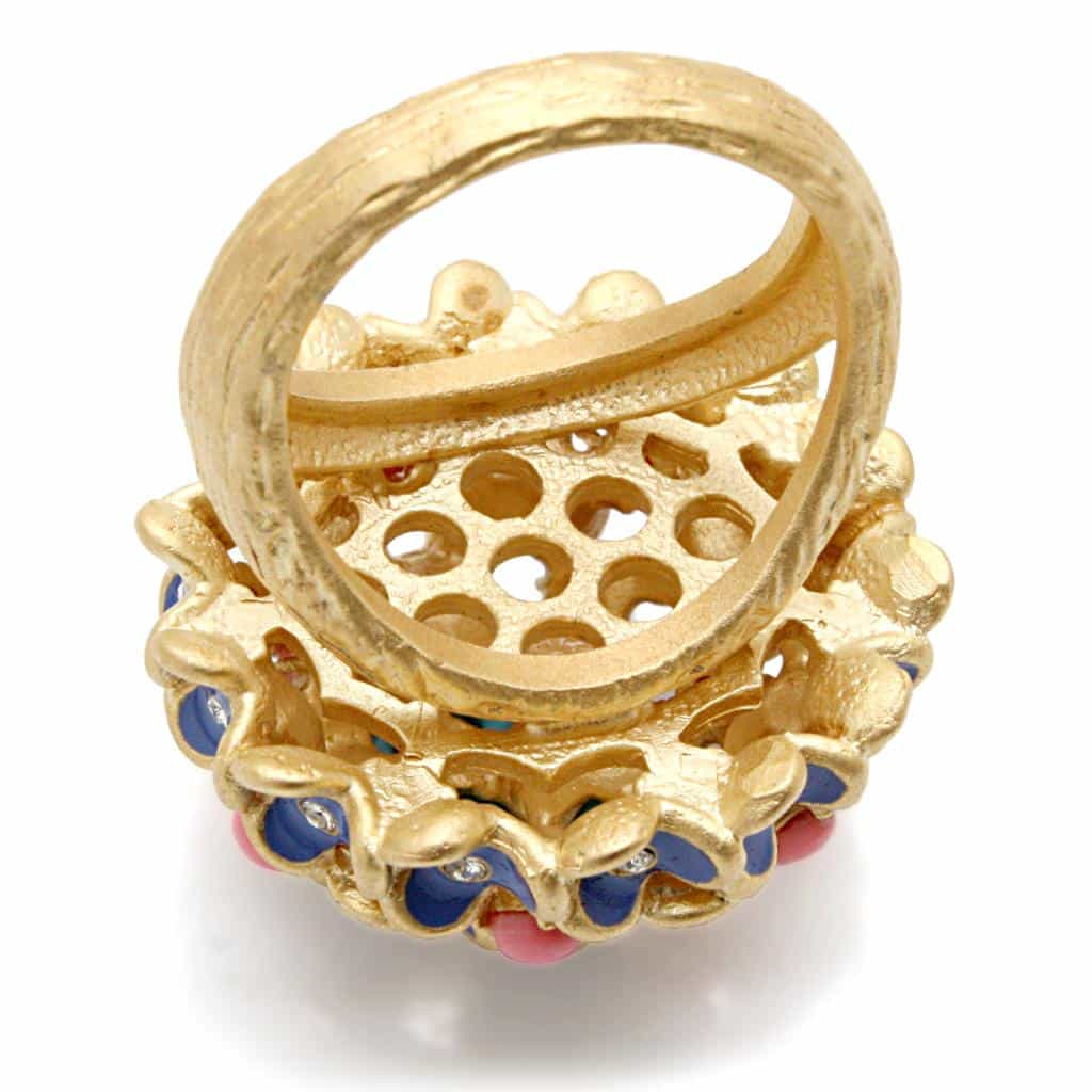 Brass Pink Blue Enamel Flower Cluster Ring view 6