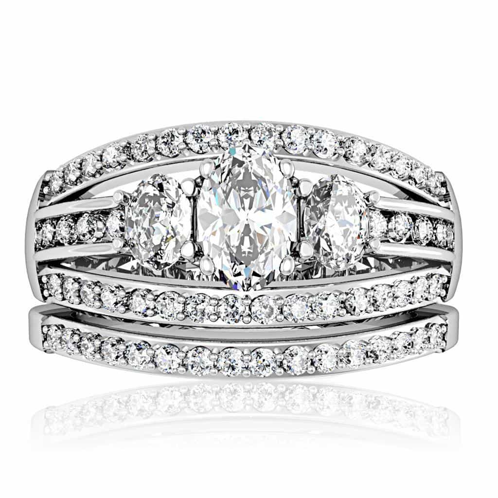 Brass CZ Marquise Three-Stone Bridal Set Ring view 3