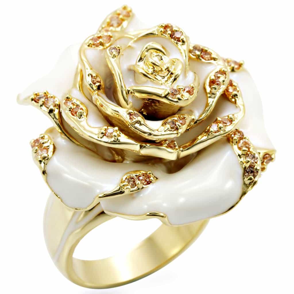Brass White Enamel Rose Flower Ring | The Stainless Jewelry view 1
