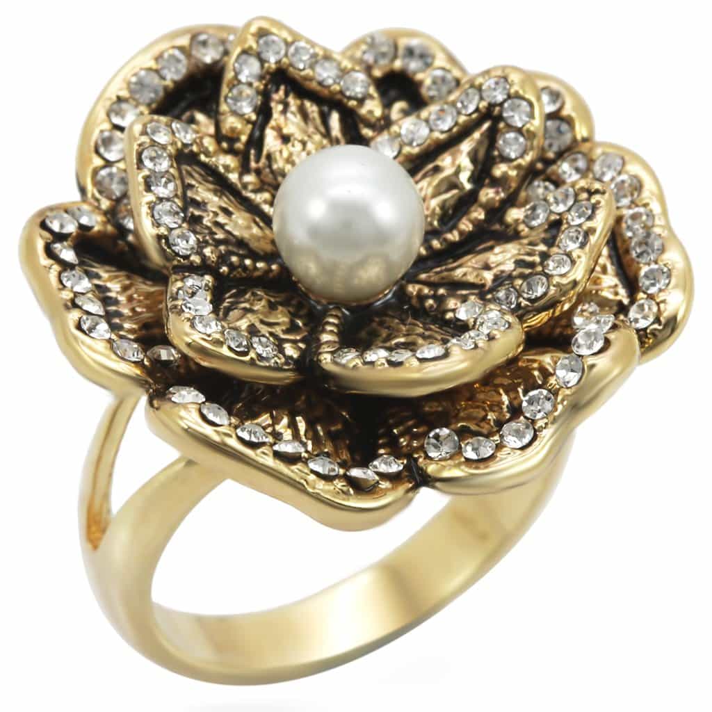 Brass Pearl Rose Flower Ring | The Stainless Jewelry view 1