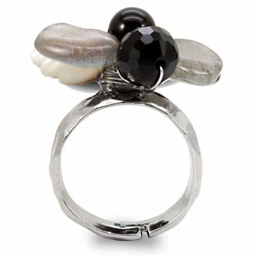 Brass Antique Silver Black Onyx Bead Flower Wire Cocktail Ring view 5