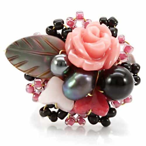 Brass Copper Pink Coral Rose Bead Wire Cocktail Ring view 3
