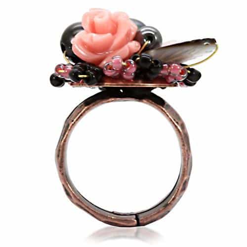 Brass Copper Pink Coral Rose Bead Wire Cocktail Ring view 4