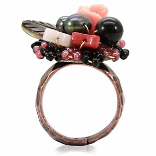 Brass Copper Pink Coral Rose Bead Wire Cocktail Ring view 5