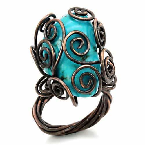 Brass Copper Turquoise Wire Spiral Cocktail Ring view 1